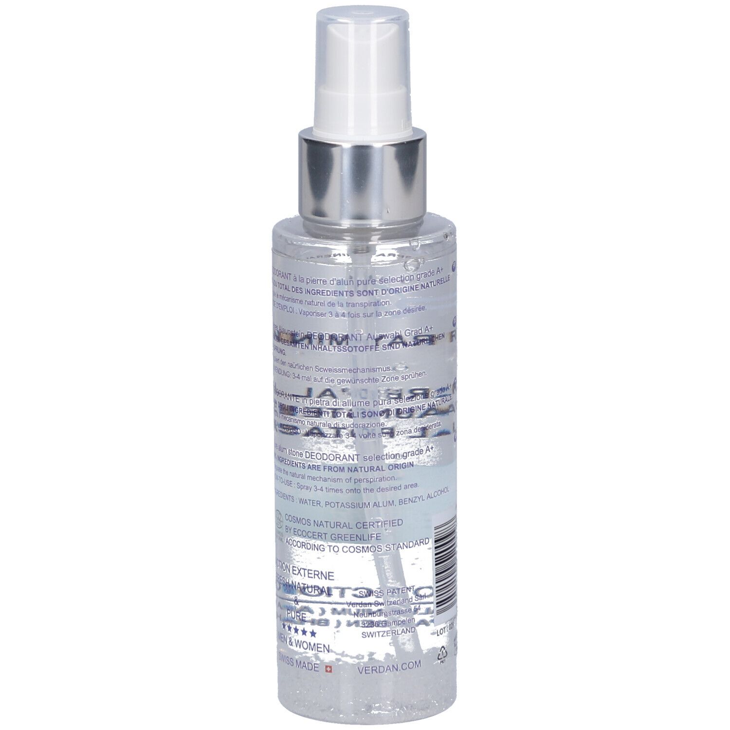 Flacon de spray déodorant, vue arrière. Informations textuelles. Liquide transparent. Tête de pulvérisation argentée. Label Ecocert.