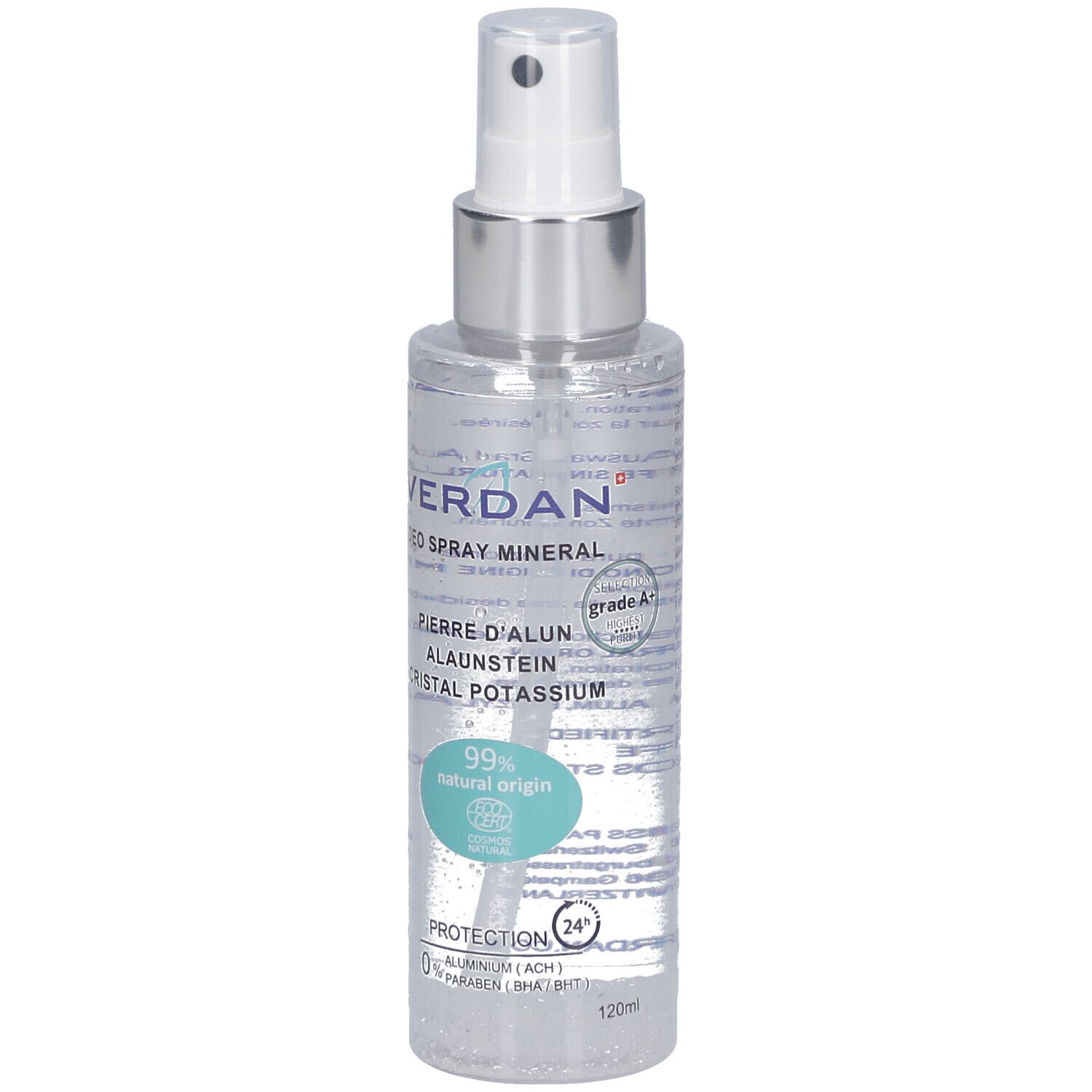 Spray déodorant avec tête de pulvérisation. Inscription : VERDAN, DEO SPRAY MINERAL, PIERRE D'ALUN, CRISTAL POTASSIUM. 99% origine naturelle. Label Ecocert.