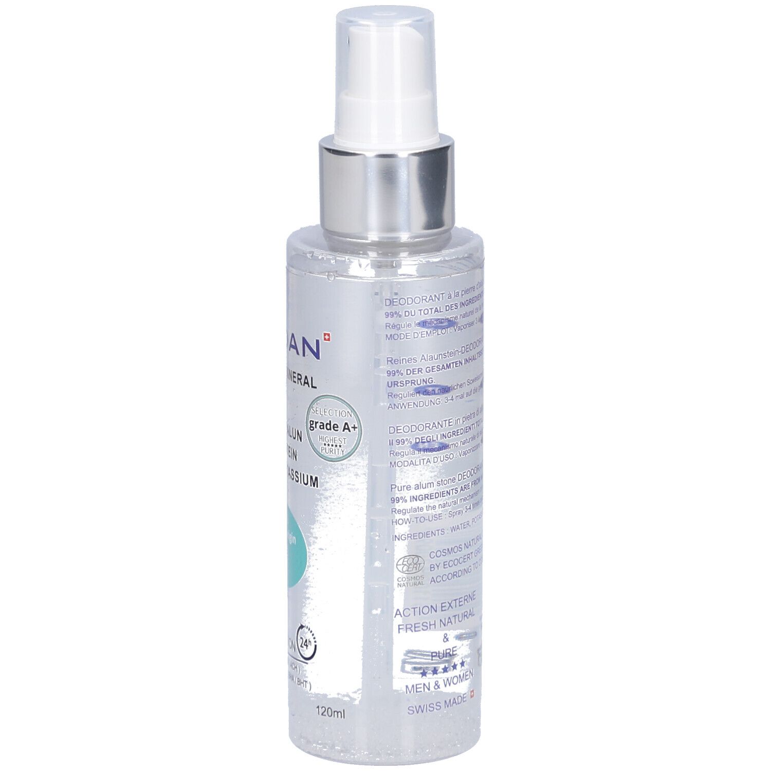 Flacon de spray déodorant, vue arrière. Informations textuelles. Liquide transparent. Tête de pulvérisation argentée. Label Ecocert.