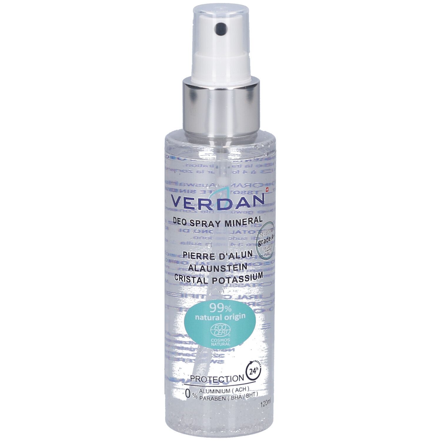 Spray déodorant avec tête de pulvérisation. Inscription : VERDAN, DEO SPRAY MINERAL, PIERRE D'ALUN, CRISTAL POTASSIUM. 99% origine naturelle. Label Ecocert.