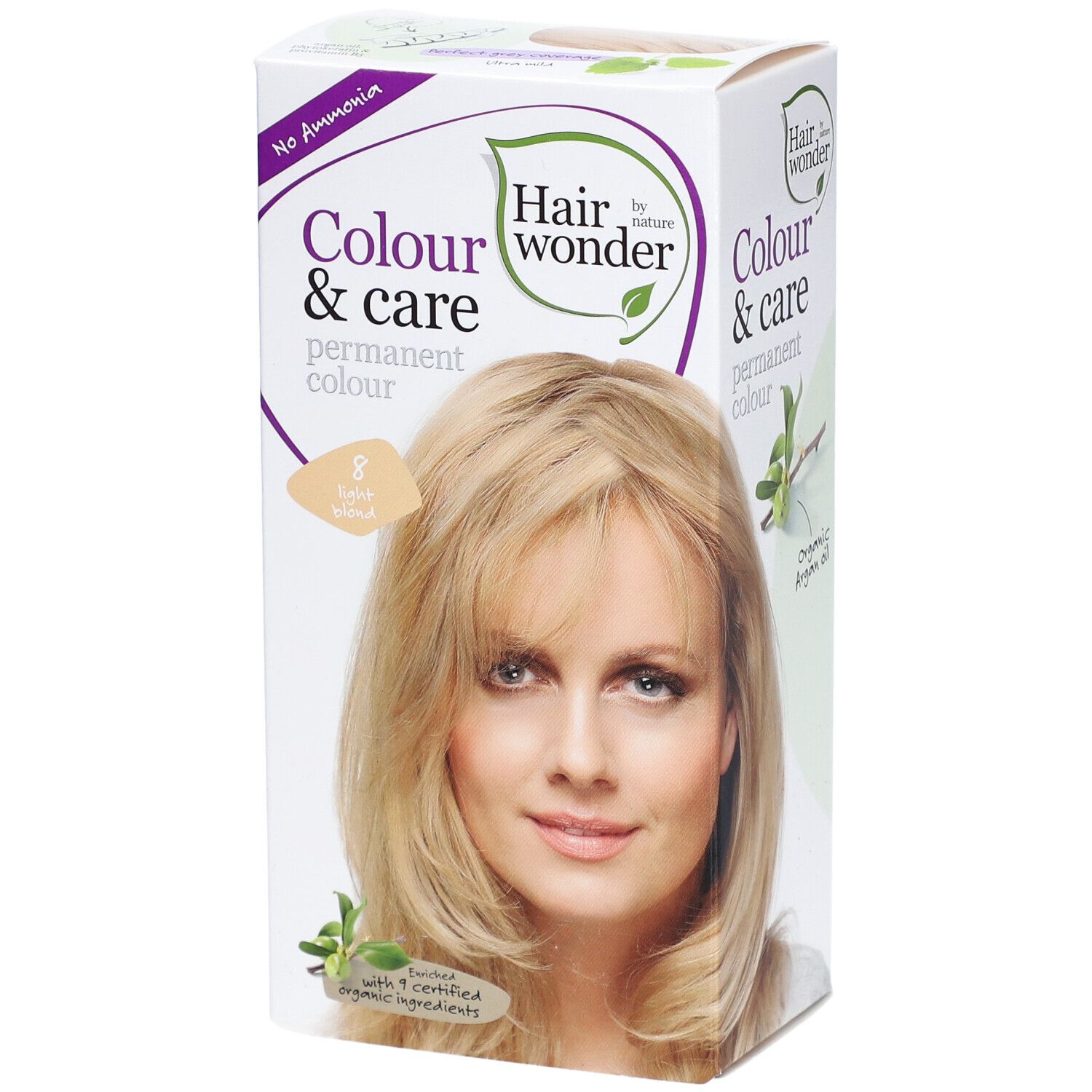 Boîte de coloration capillaire. Inscription : Colour & Care, couleur permanente, 8 blond clair. Image d'une femme aux cheveux blonds.
