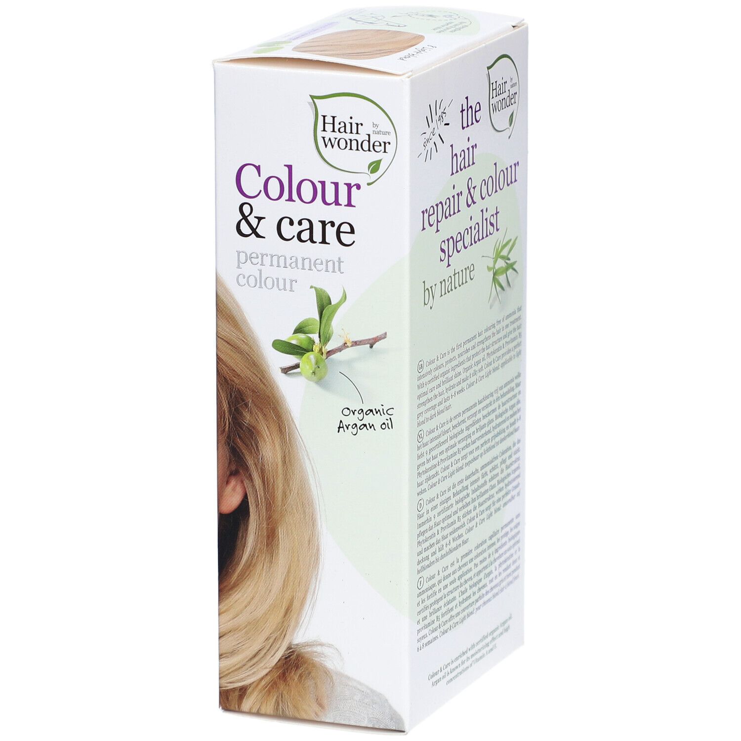 Boîte de coloration capillaire. Inscription : Colour & Care, couleur permanente. Logo et texte. Vue latérale.