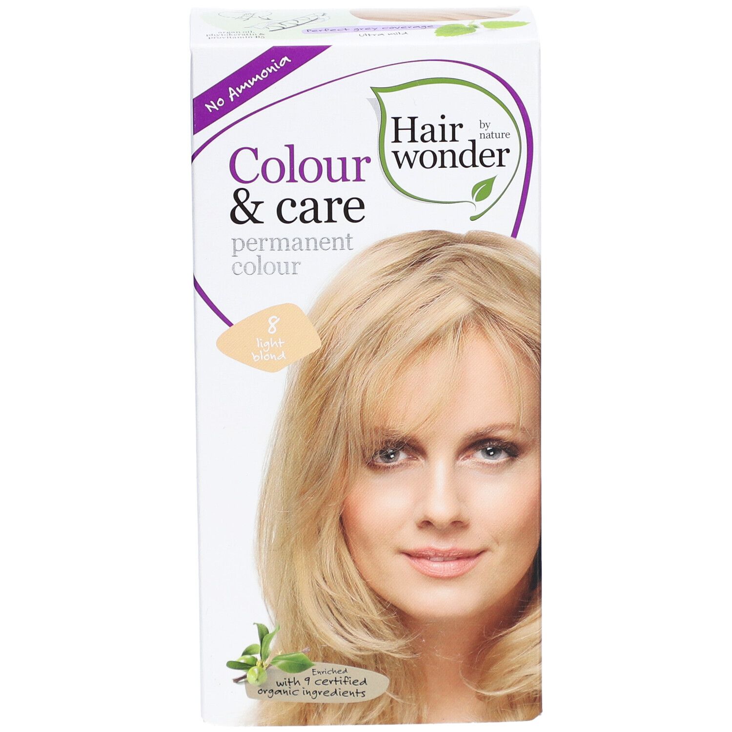 Boîte de coloration capillaire. Inscription : Colour & Care, couleur permanente, 8 blond clair. Image d'une femme aux cheveux blonds.