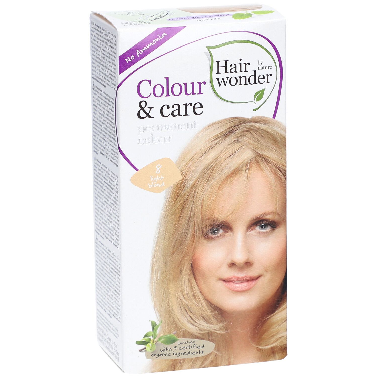 Boîte de coloration capillaire. Inscription : Colour & Care, couleur permanente, 8 blond clair. Image d'une femme aux cheveux blonds.