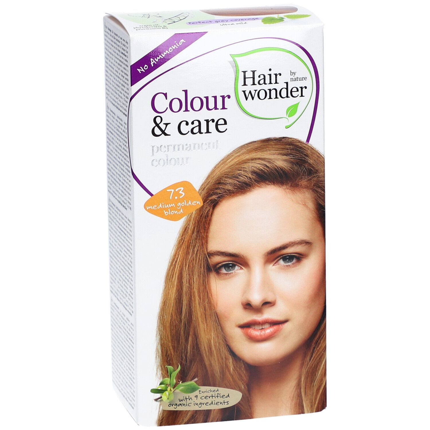Boîte de coloration capillaire. Inscription : Colour & Care, 7.3 blond doré moyen. Image d'une femme aux cheveux blonds dorés.
