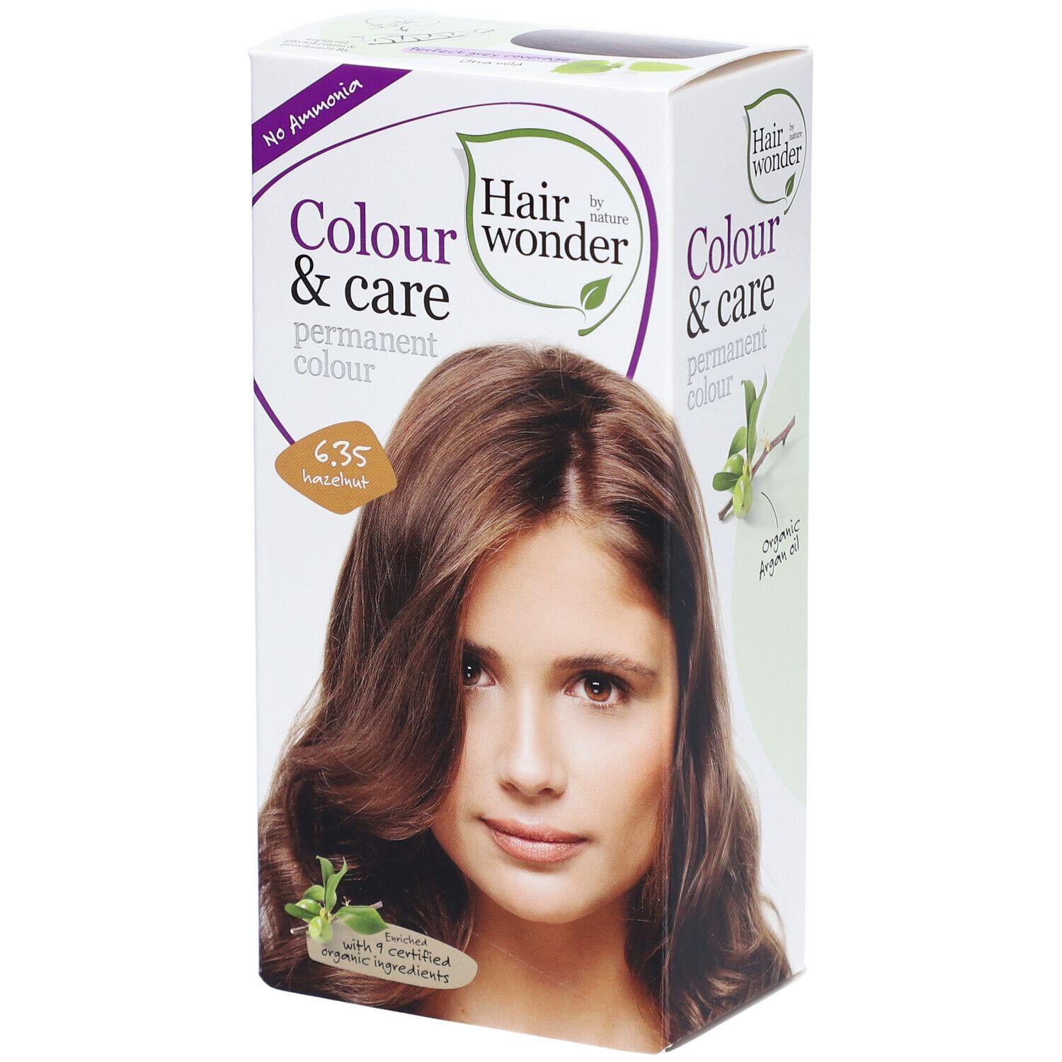 Boîte de coloration capillaire. Inscription : Colour & care, couleur permanente, 6.35 noisette. Image : femme aux cheveux bruns.