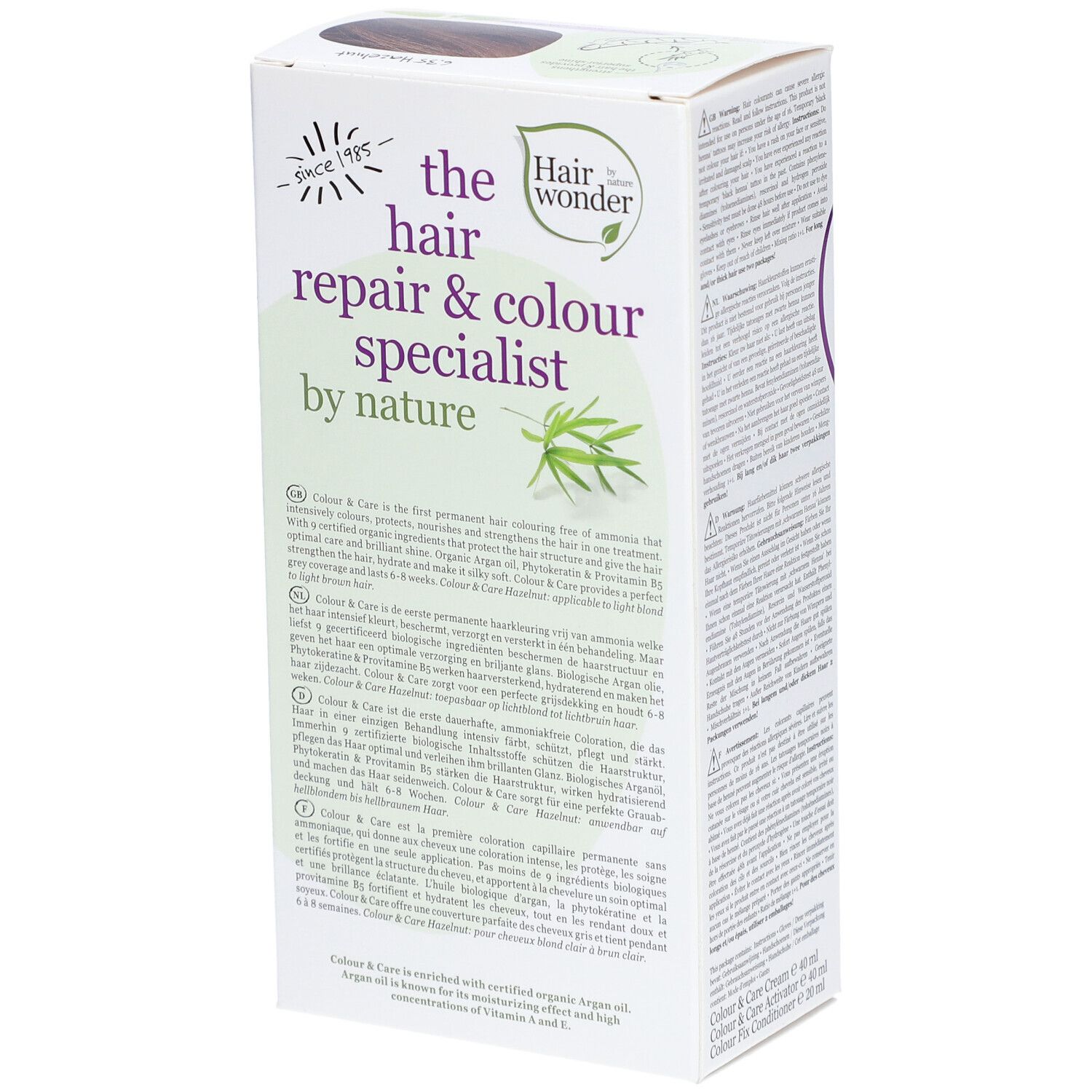 Boîte de coloration capillaire. Inscription : the hair repair & colour specialist by nature. Texte au dos.