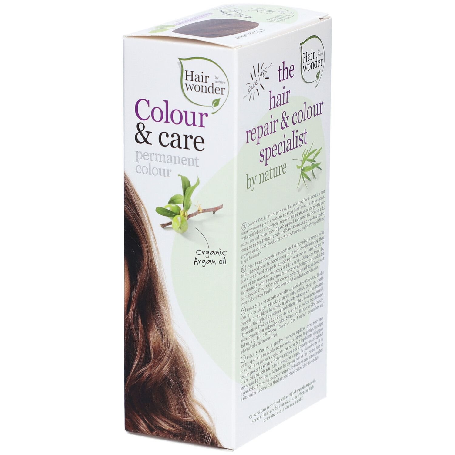 Boîte de coloration capillaire. Inscription : Colour & care, couleur permanente. Image : femme aux cheveux bruns. Texte sur le côté.