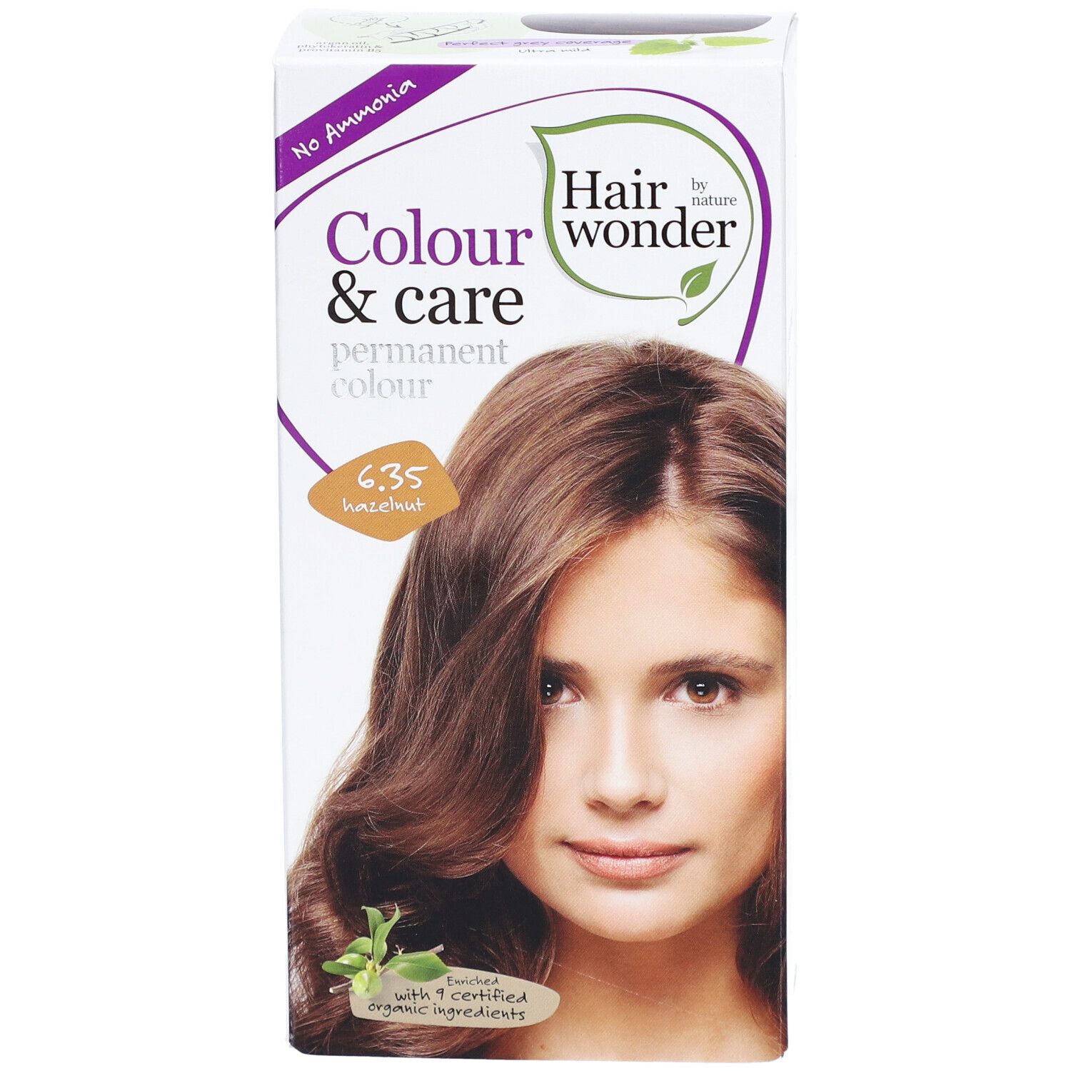 Boîte de coloration capillaire. Inscription : Colour & care, couleur permanente, 6.35 noisette. Image : femme aux cheveux bruns.