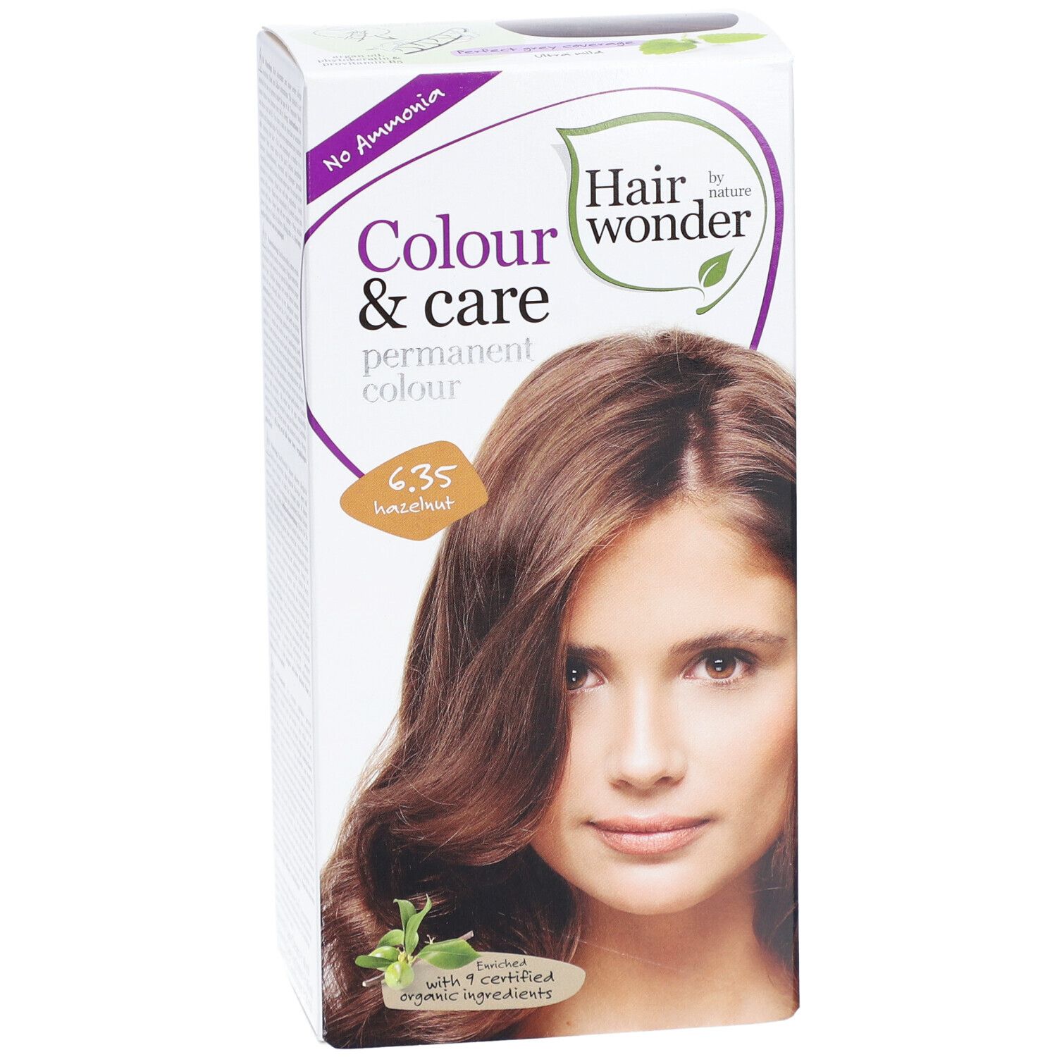 Boîte de coloration capillaire. Inscription : Colour & care, couleur permanente, 6.35 noisette. Image : femme aux cheveux bruns.