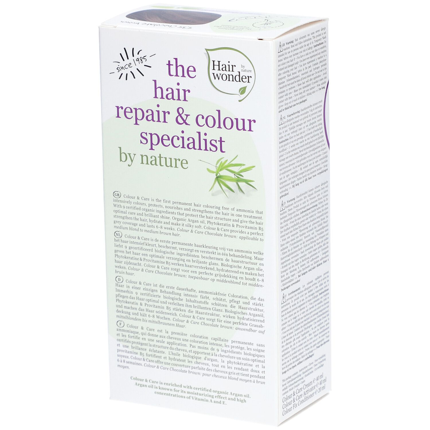Boîte de coloration capillaire Hairwonder. Le spécialiste de la réparation et de la couleur des cheveux. Texte sur l'emballage. Image de branches.