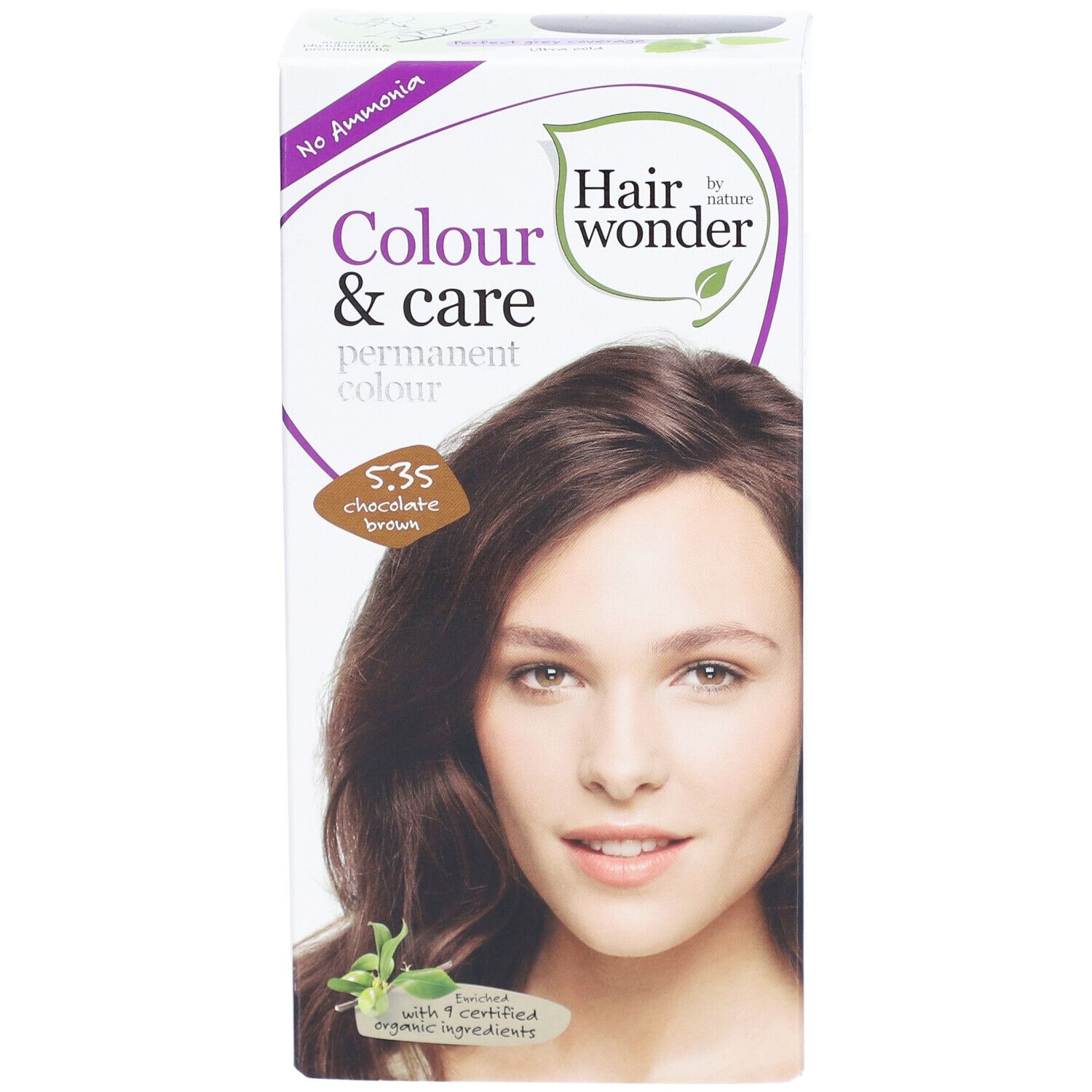 Boîte de coloration capillaire Hairwonder Colour & Care 5.35 Brun chocolat. Image d'une femme aux cheveux bruns. Inscription : No Ammonia.