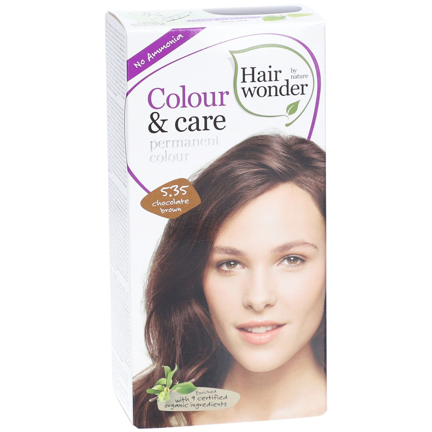 Boîte de coloration capillaire Hairwonder Colour & Care 5.35 Brun chocolat. Image d'une femme aux cheveux bruns. Inscription : No Ammonia.