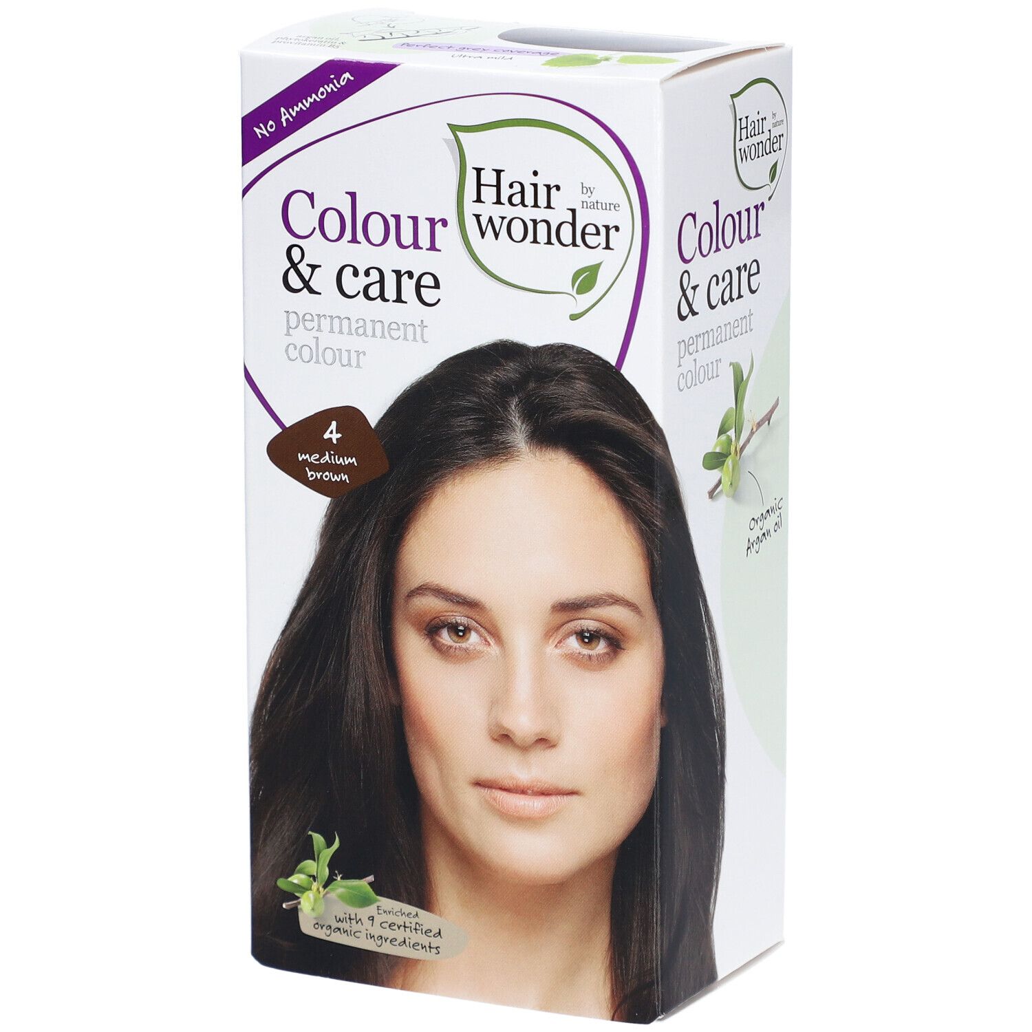 Boîte de coloration capillaire. Inscription : Colour & care, couleur permanente, nuance 4 brun moyen. Image d'une femme aux cheveux bruns.