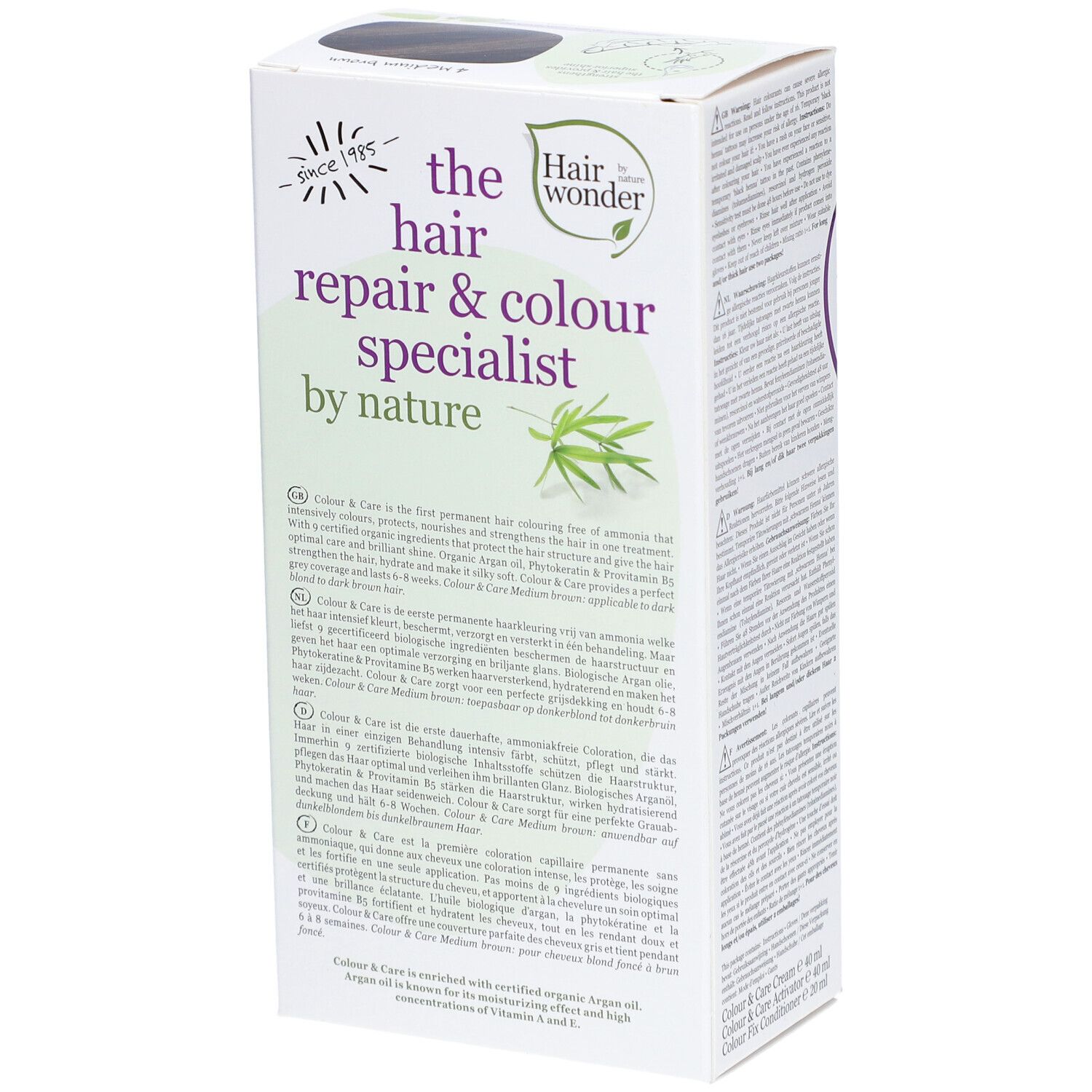 Boîte de coloration capillaire. Verso avec texte. Inscription : the hair repair & colour specialist by nature. Logo Hair wonder.