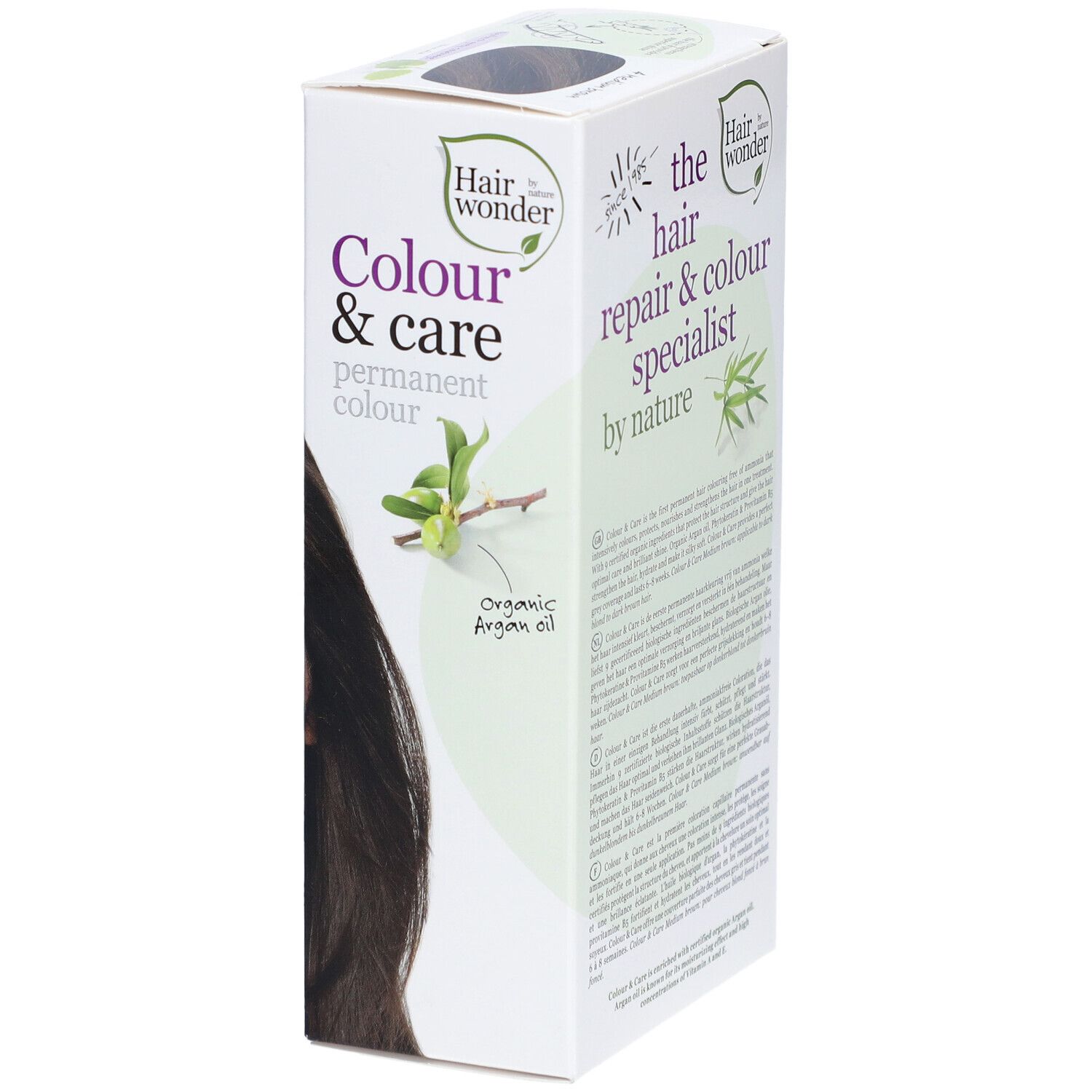 Boîte de coloration capillaire. Inscription : Colour & care, couleur permanente. Logo Hair wonder. Avec huile d'argan bio.