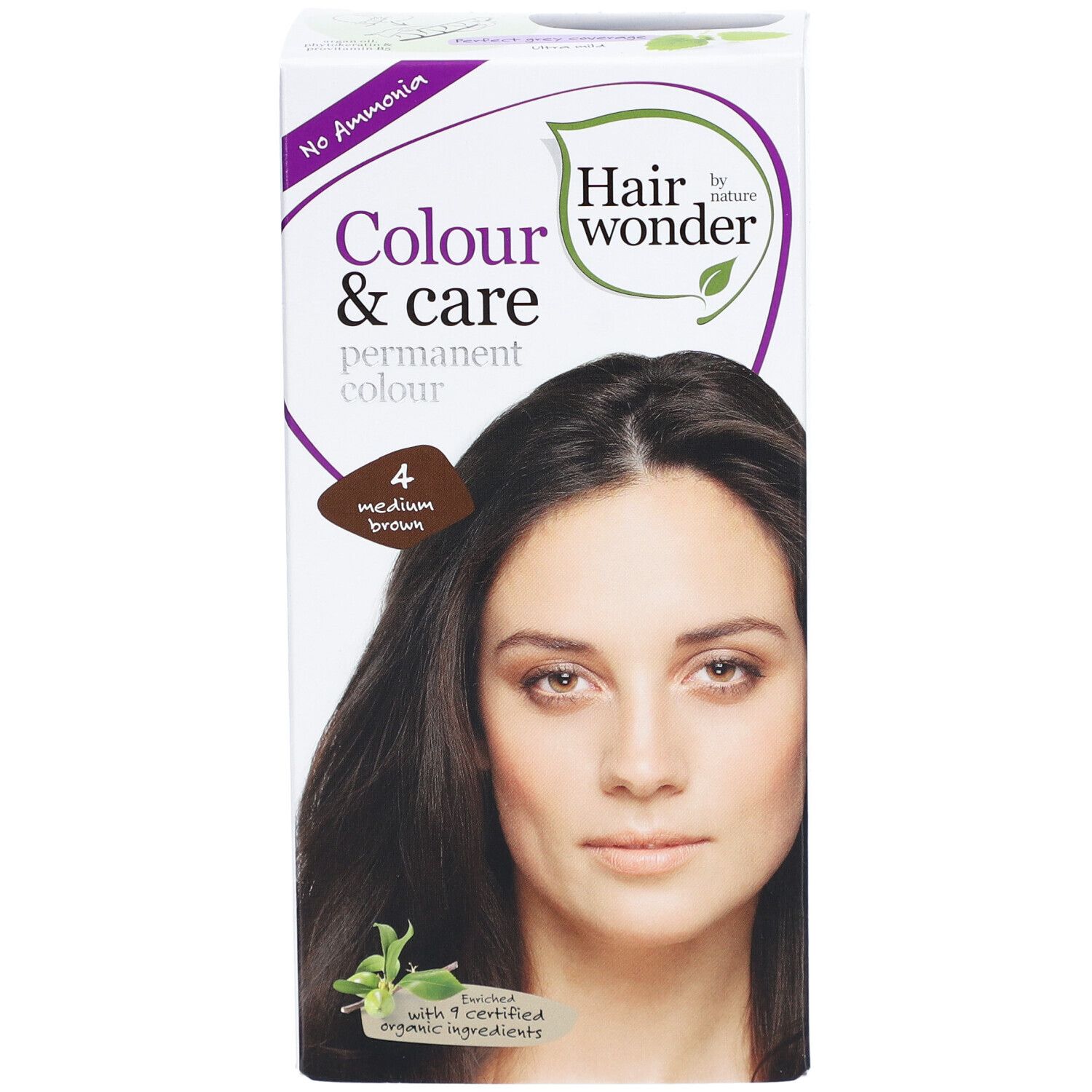 Boîte de coloration capillaire. Inscription : Colour & care, couleur permanente, nuance 4 brun moyen. Image d'une femme aux cheveux bruns.
