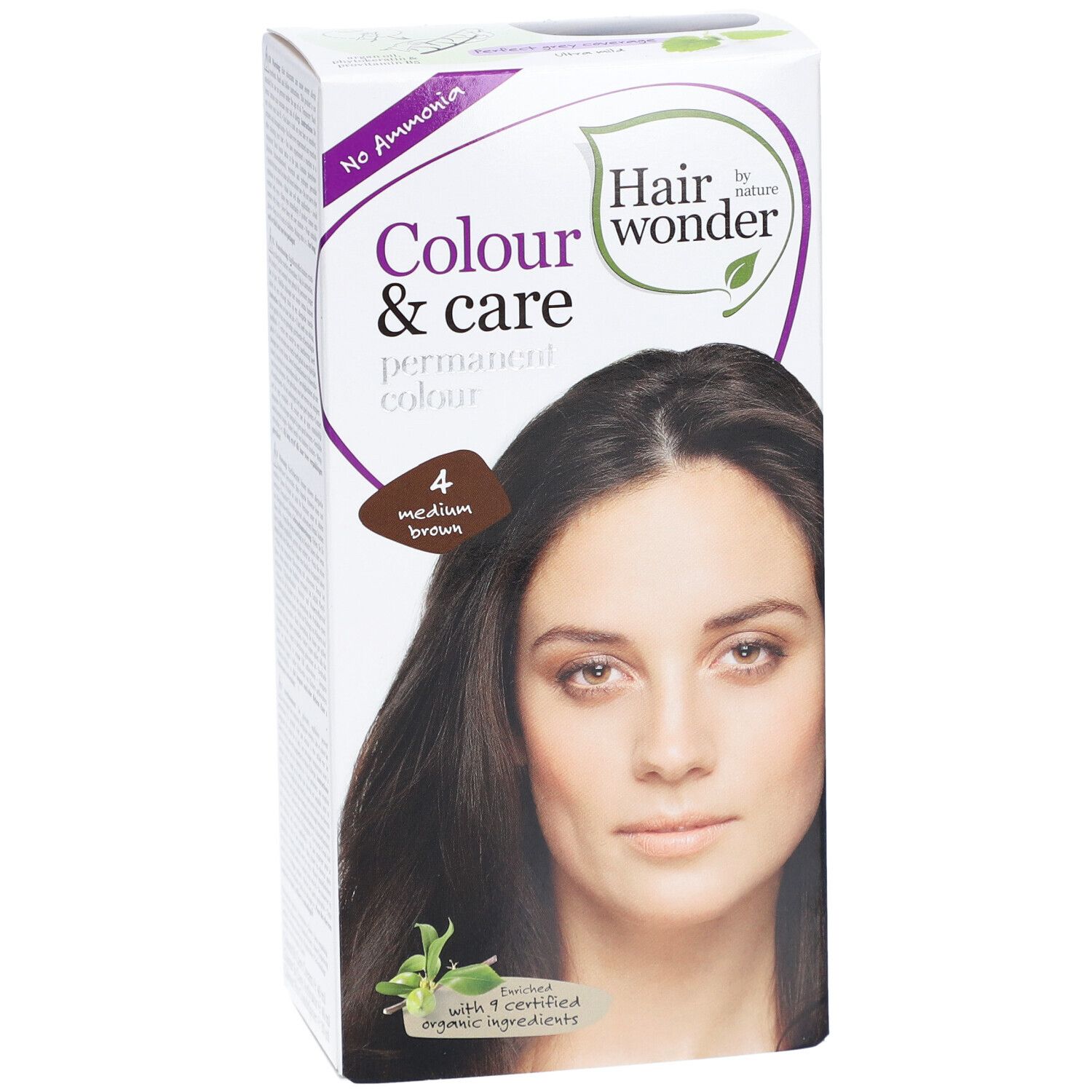 Boîte de coloration capillaire. Inscription : Colour & care, couleur permanente, nuance 4 brun moyen. Image d'une femme aux cheveux bruns.