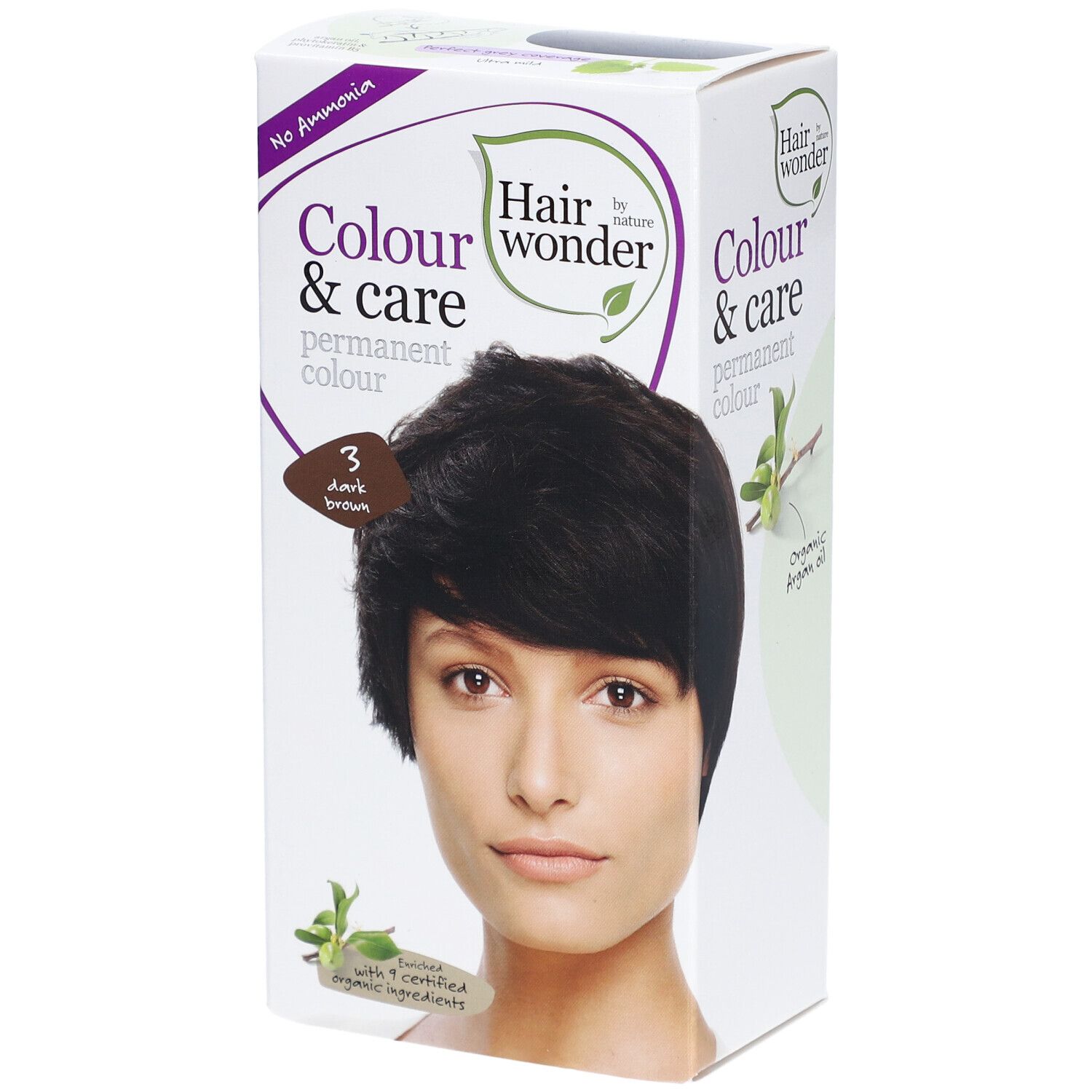 Boîte de coloration capillaire. Inscription : Colour & care, 3 brun foncé. Image d'une femme aux cheveux foncés.