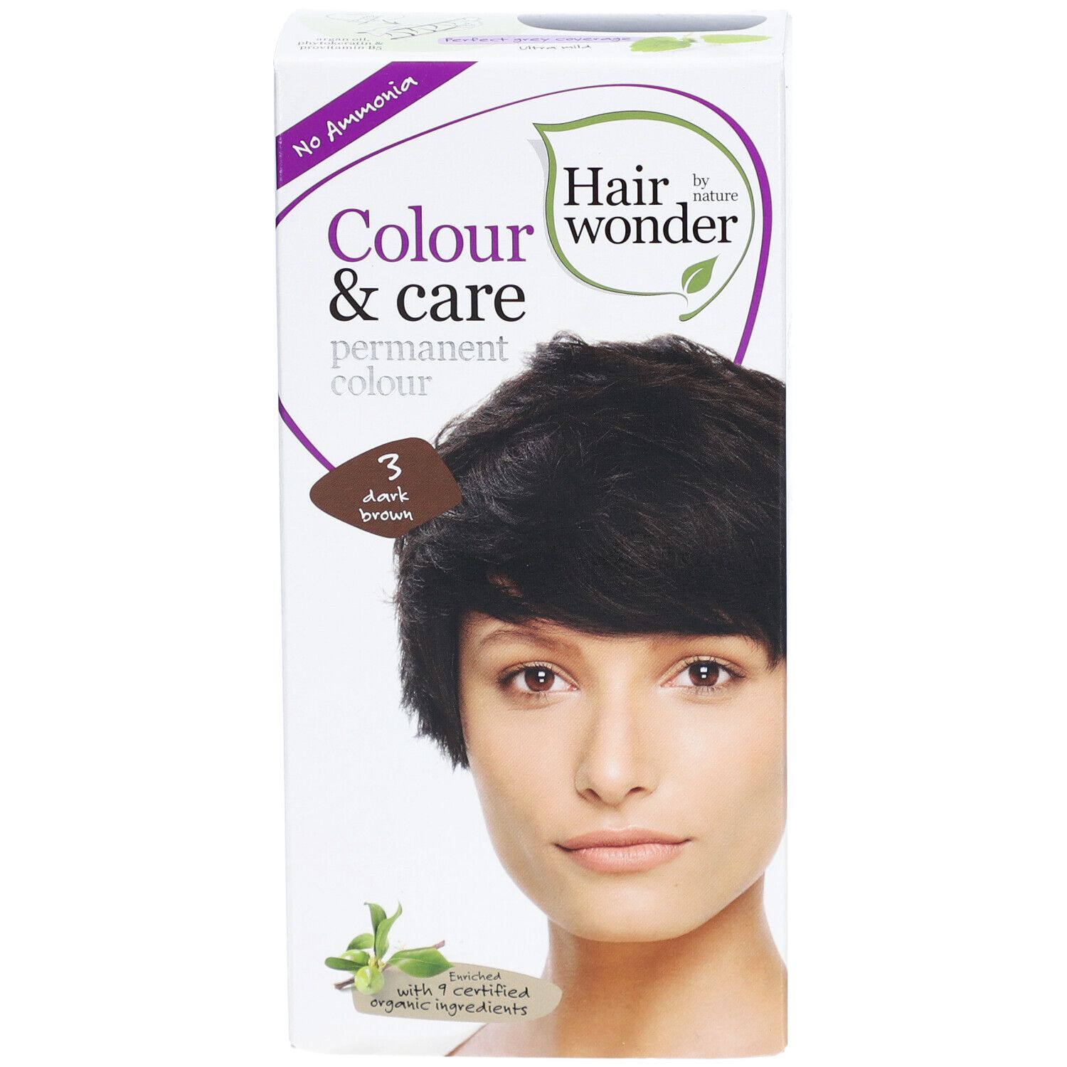 Boîte de coloration capillaire. Inscription : Colour & care, 3 brun foncé. Image d'une femme aux cheveux foncés.