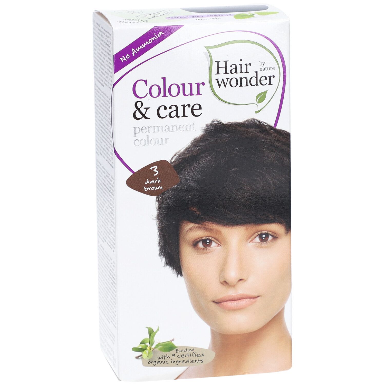 Boîte de coloration capillaire. Inscription : Colour & care, 3 brun foncé. Image d'une femme aux cheveux foncés.