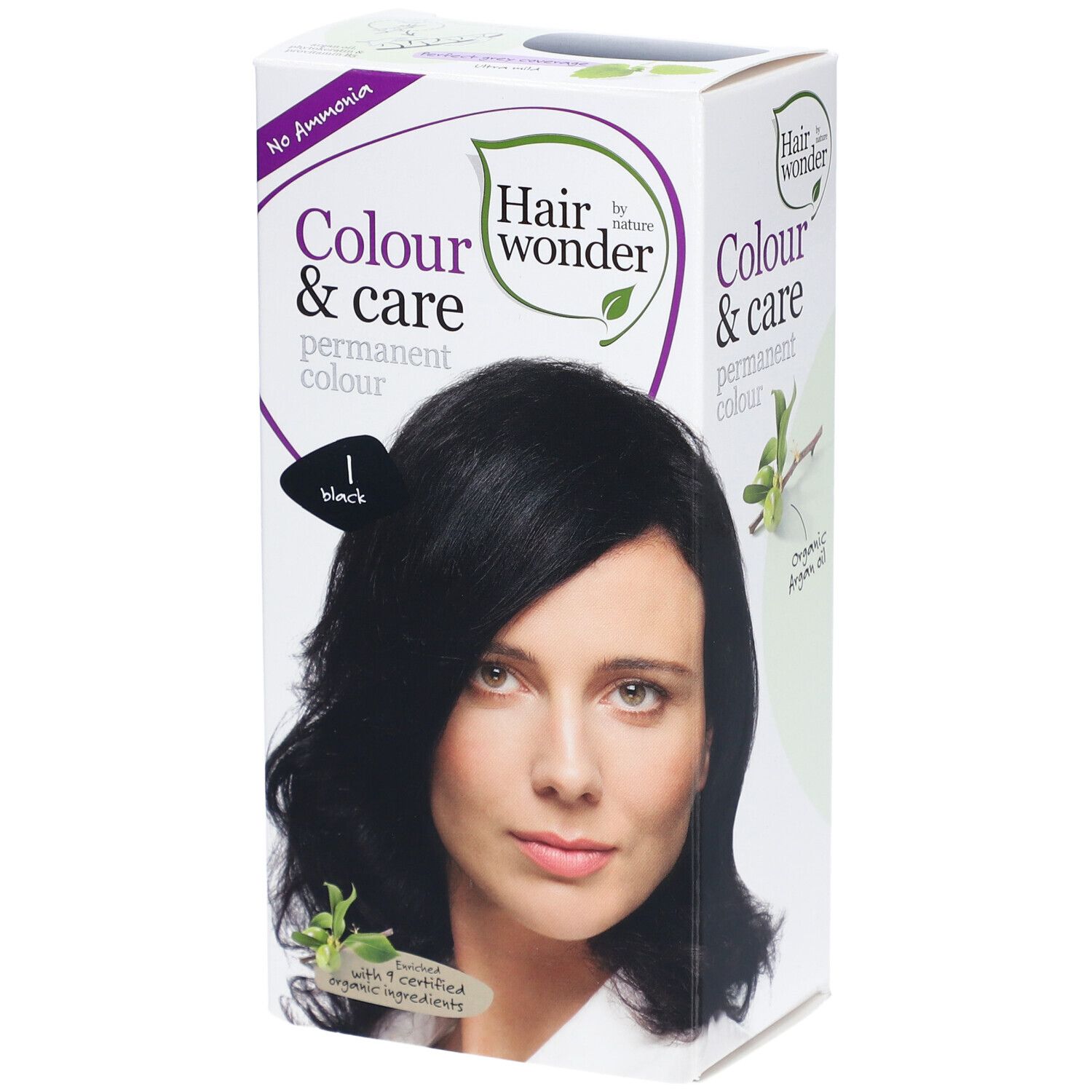 Boîte de coloration capillaire avec femme aux cheveux noirs. Inscription : Colour & care permanent colour, 1 black. Avec 9 ingrédients certifiés.