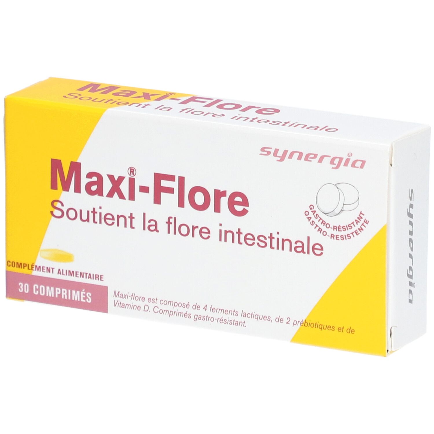 Boîte de Maxi-Flore. Boîte jaune et blanche avec nom et logo du produit. Contient 30 comprimés.