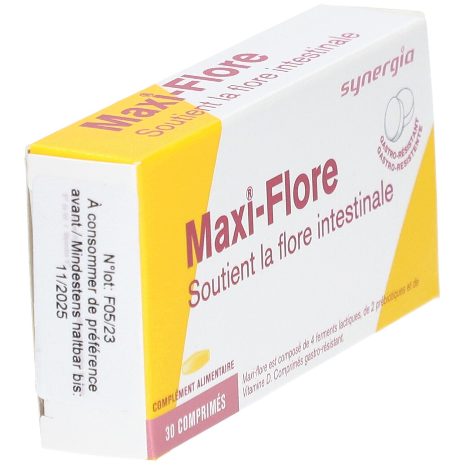 Emballage Maxi-Flore. Boîte jaune et blanche, en biais. Nom et logo du produit visibles. Date de péremption.