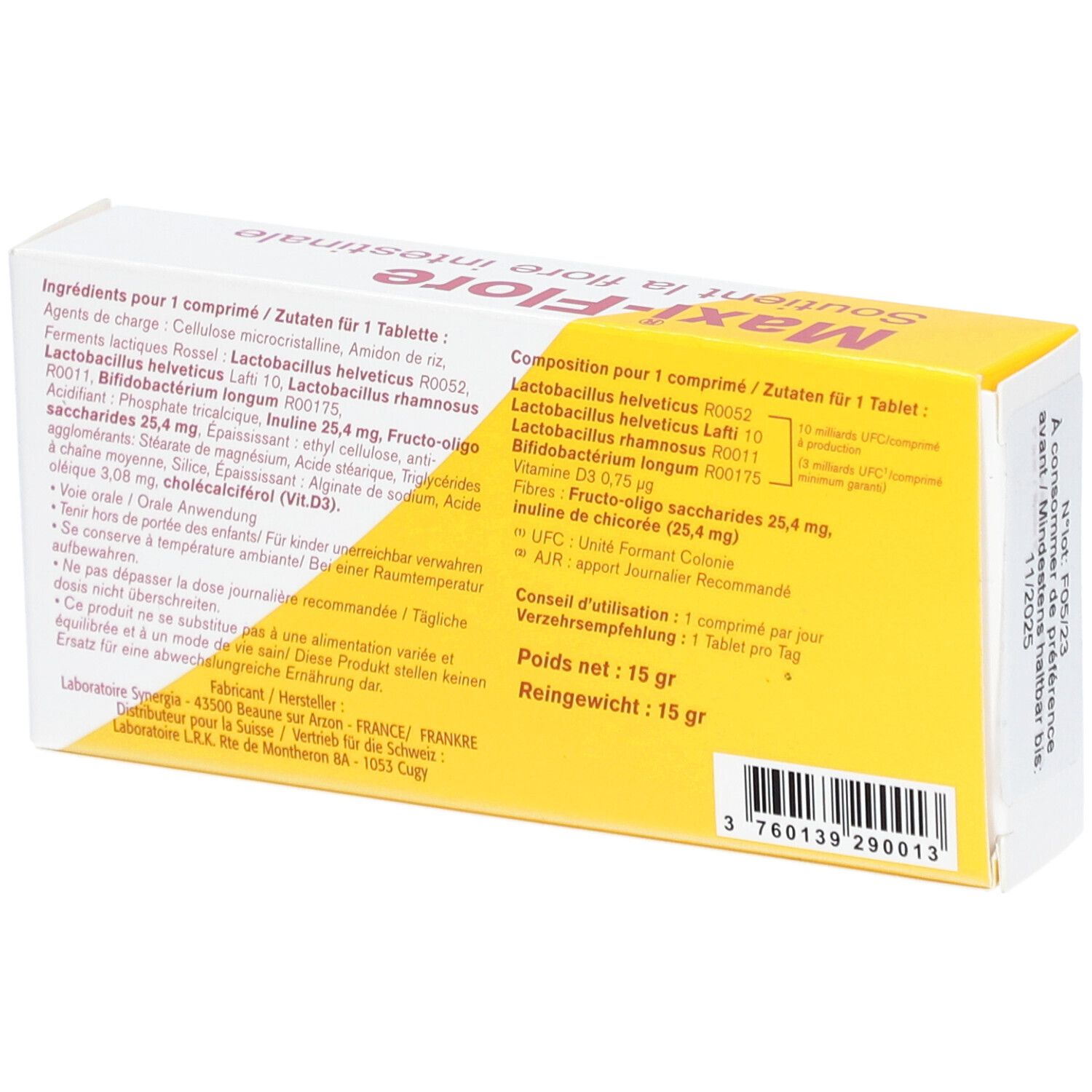 Dos de l'emballage Maxi-Flore. Jaune avec texte. Liste des ingrédients, informations nutritionnelles et code-barres.