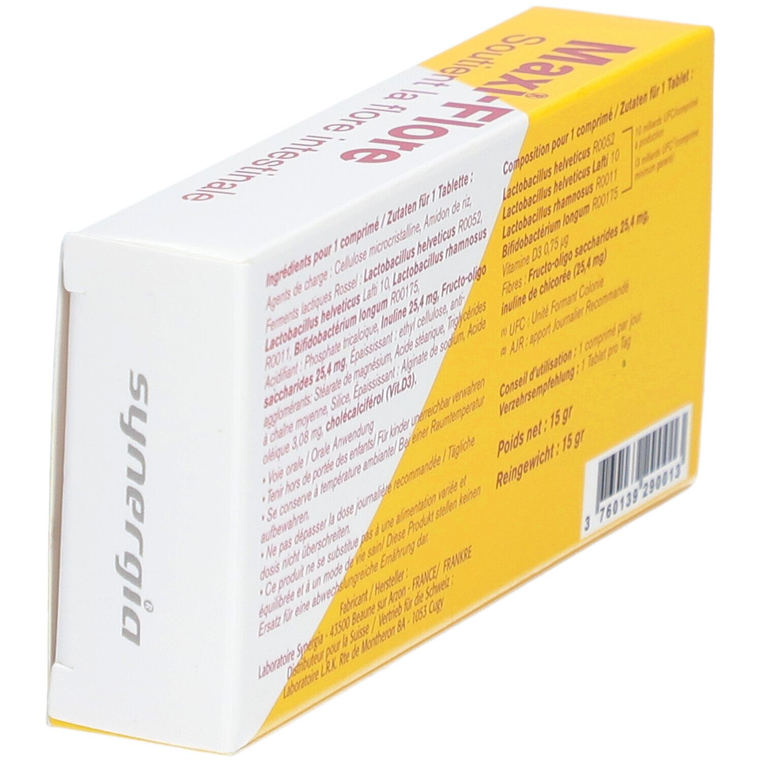 Vue latérale de l'emballage Maxi-Flore. Jaune avec texte. Liste des ingrédients, informations nutritionnelles et code-barres.