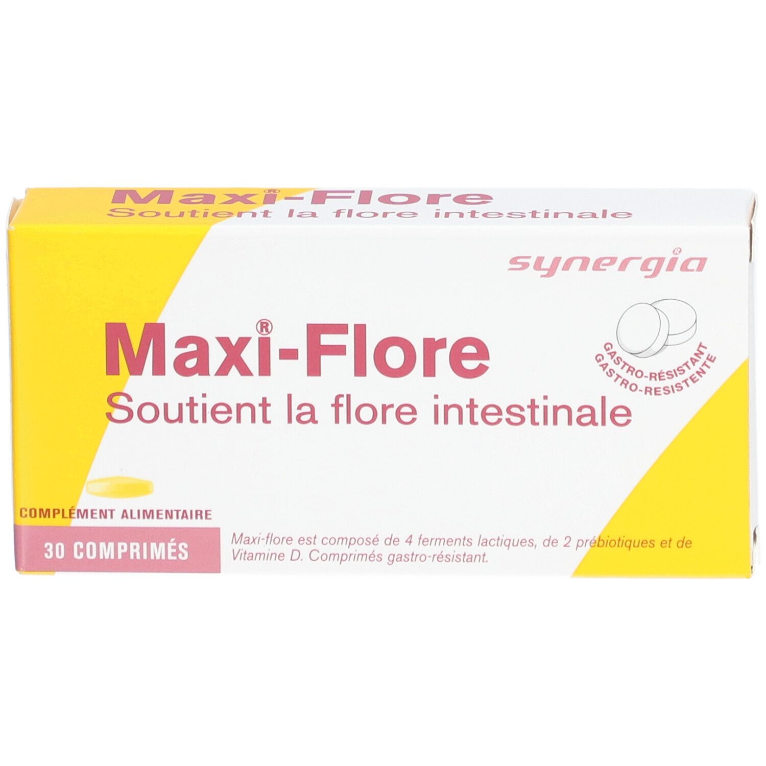 Boîte de Maxi-Flore. Boîte jaune et blanche avec nom et logo du produit. Contient 30 comprimés.