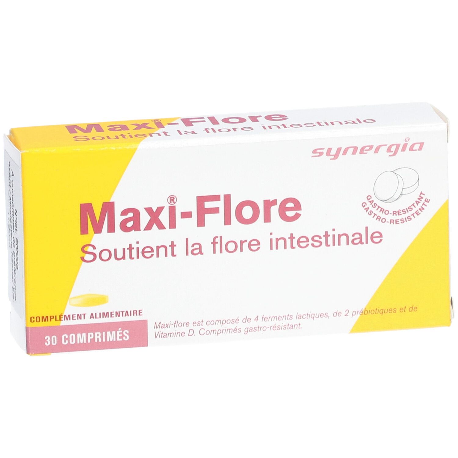 Boîte de Maxi-Flore. Boîte jaune et blanche avec nom et logo du produit. Contient 30 comprimés.