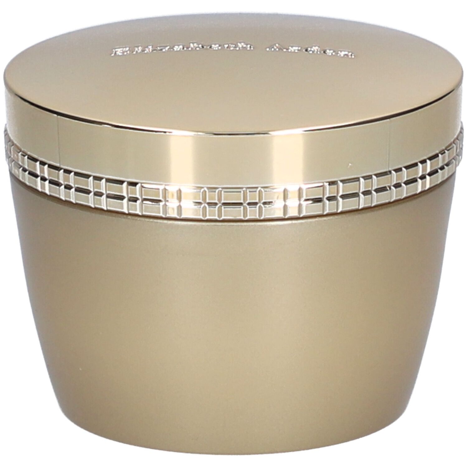 Pot doré avec couvercle. Inscription sur le couvercle. Anneau à motifs carrés. Produit cosmétique.