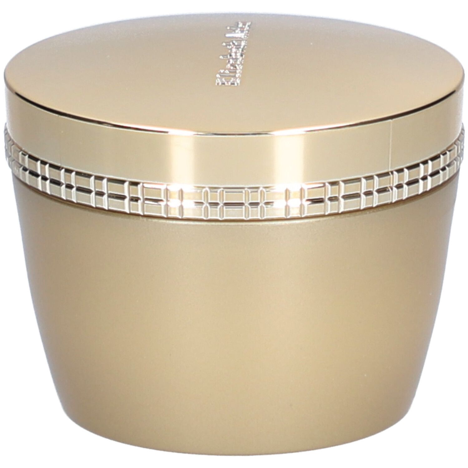 Pot doré avec couvercle. Inscription sur le couvercle. Anneau à motifs carrés. Produit cosmétique.