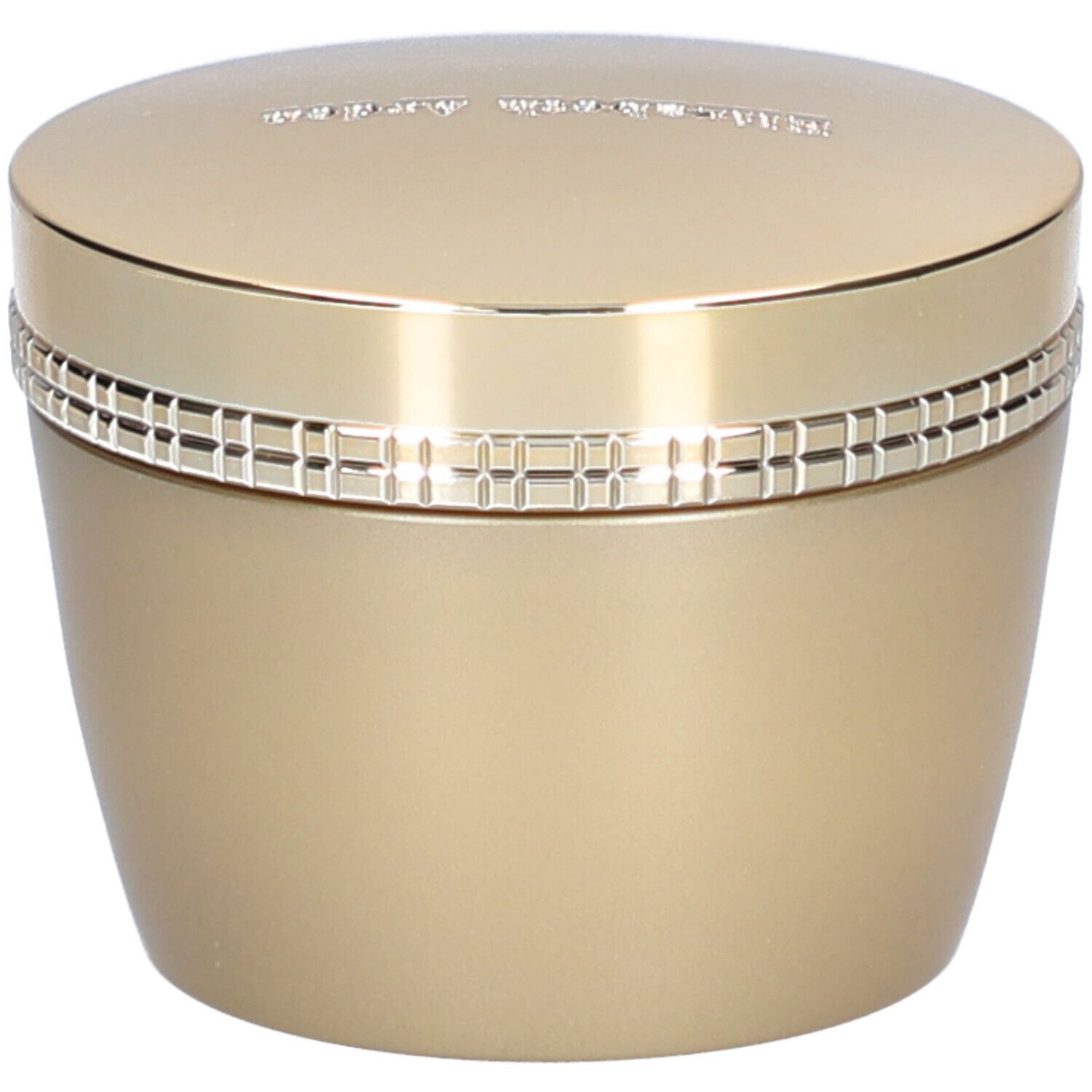 Pot doré avec couvercle. Inscription sur le couvercle. Anneau à motifs carrés. Produit cosmétique.