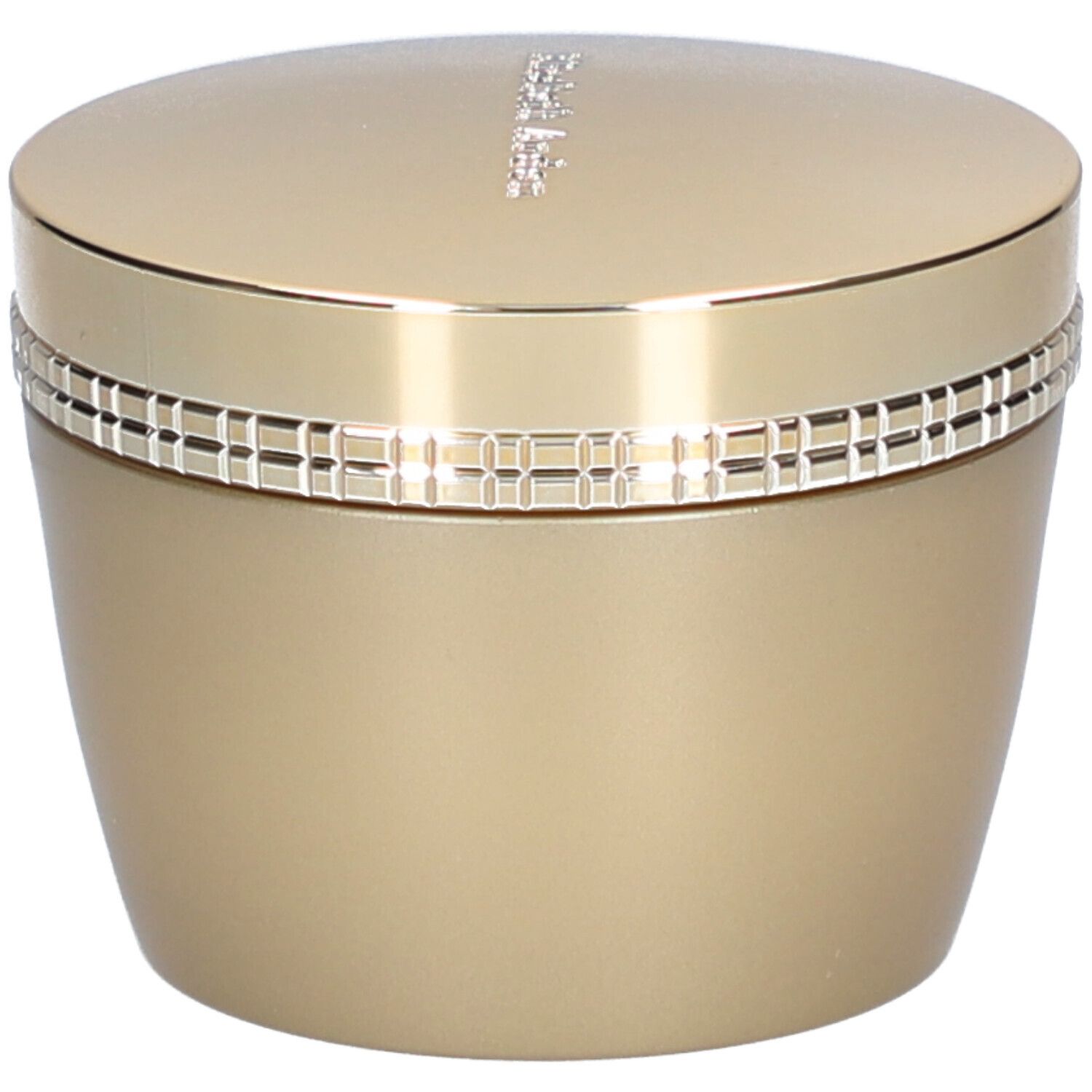 Pot doré avec couvercle. Inscription sur le couvercle. Anneau à motifs carrés. Produit cosmétique.