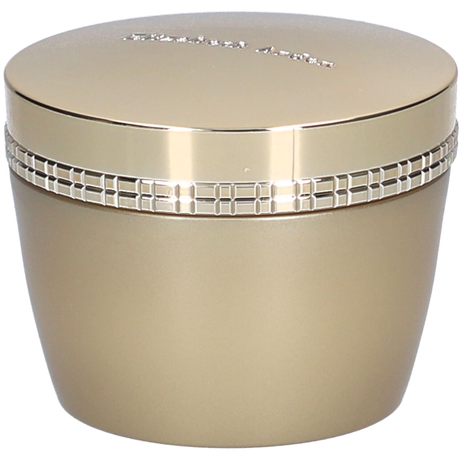 Pot doré avec couvercle. Inscription sur le couvercle. Anneau à motifs carrés. Produit cosmétique.