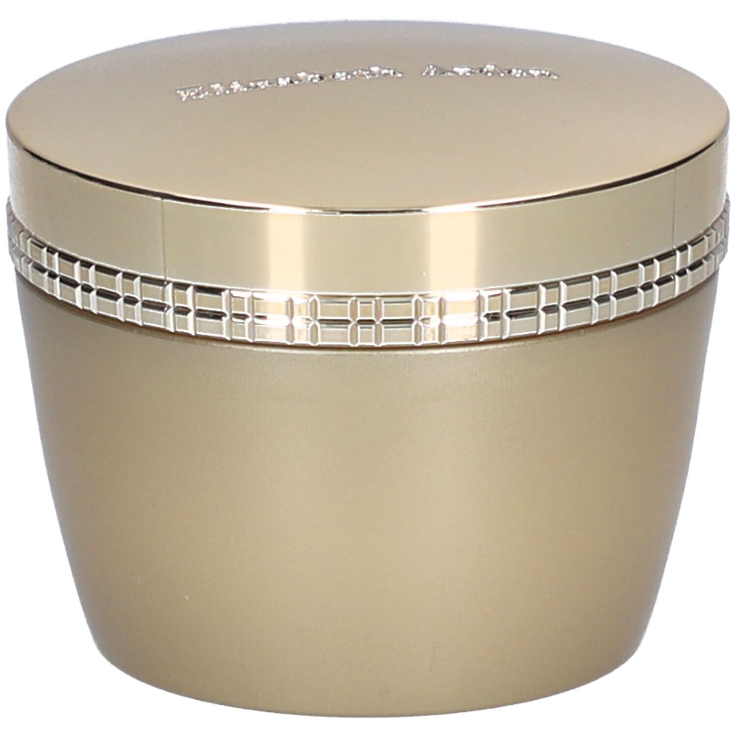 Pot doré avec couvercle. Inscription sur le couvercle. Anneau à motifs carrés. Produit cosmétique.