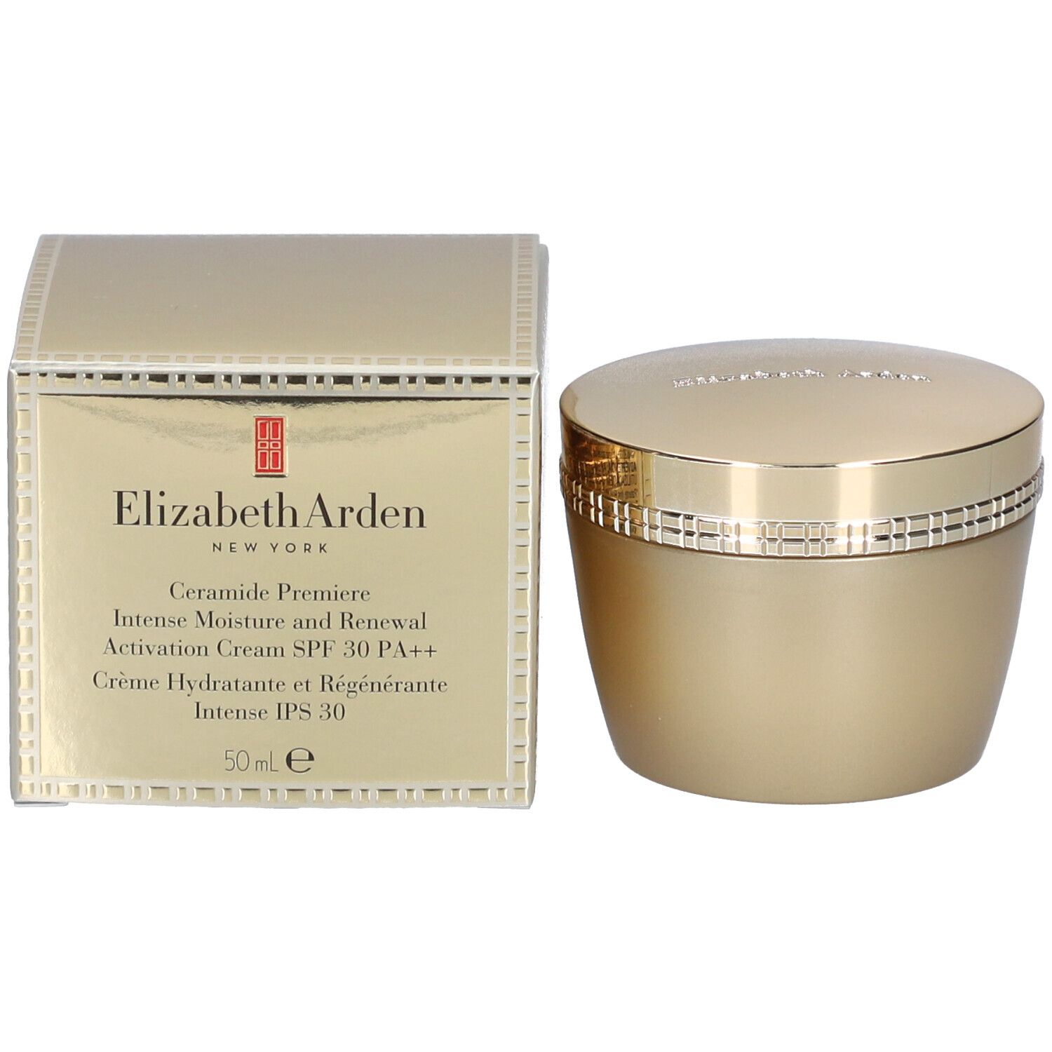 Pot doré avec couvercle. Inscription sur le couvercle. Anneau à motifs carrés. Produit cosmétique.