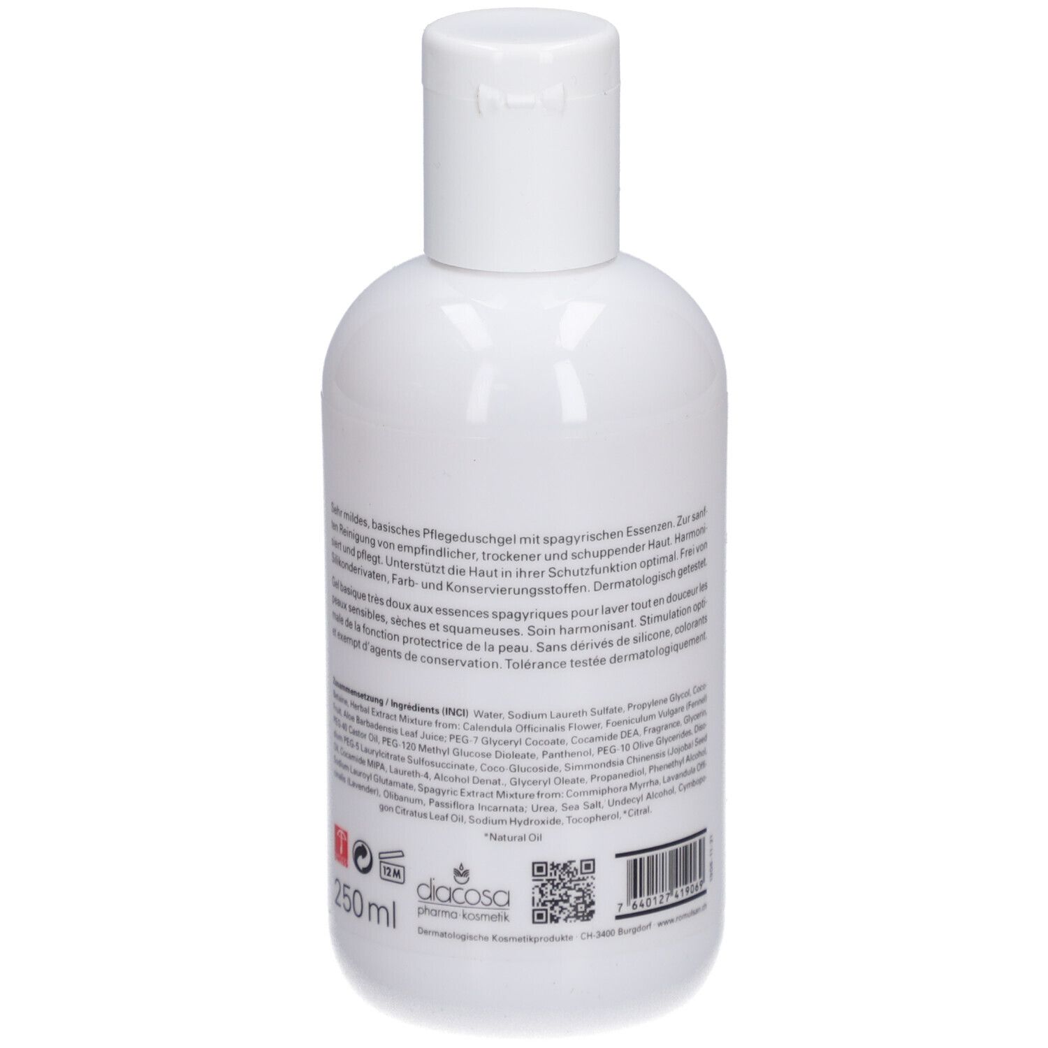 Flacon blanc avec bouchon rabattable. Dos avec texte, ingrédients et code QR. Inscription: 250ml, Diacosa.
