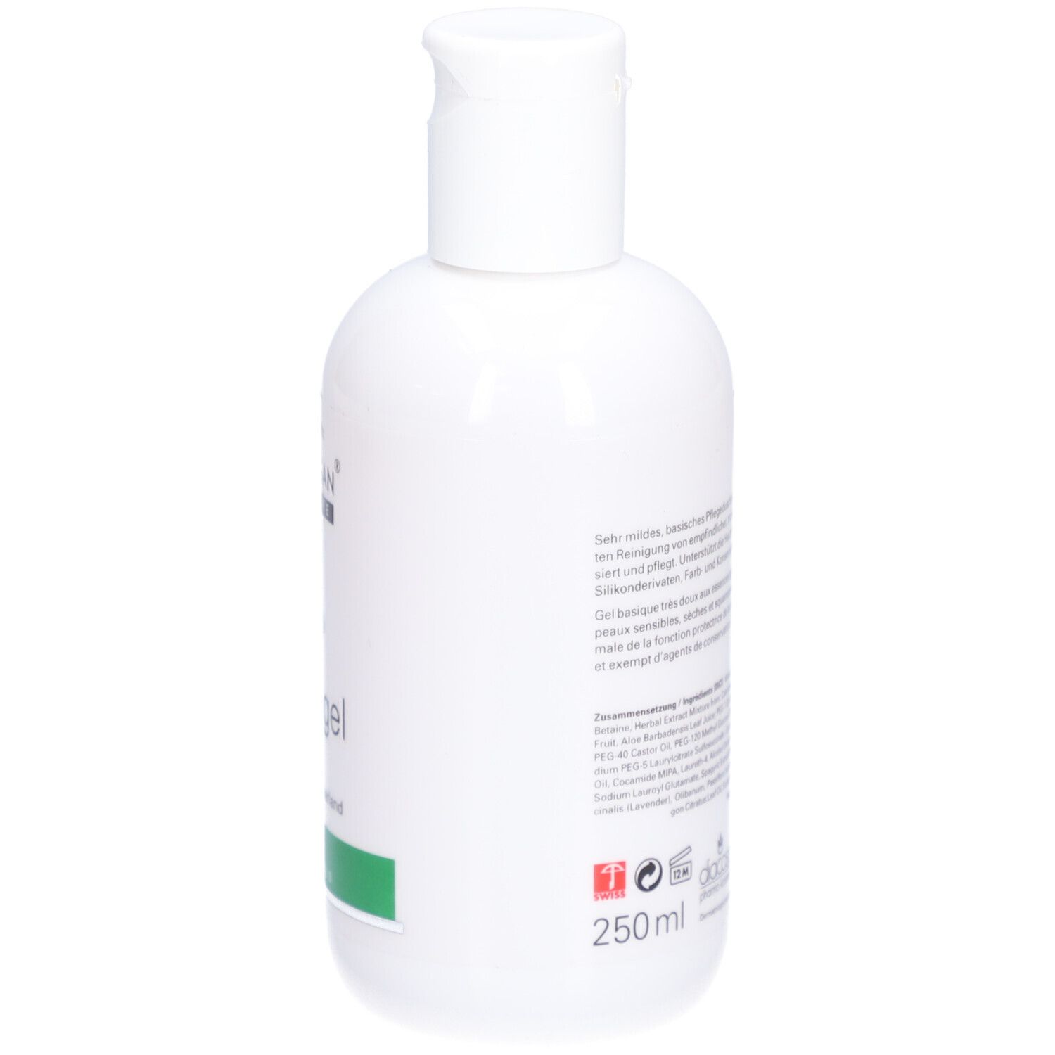 Flacon blanc avec bouchon rabattable. Dos avec texte, ingrédients et 250ml. Inscription: Romulsan Skin Care, Duschgel, by Diacosa.