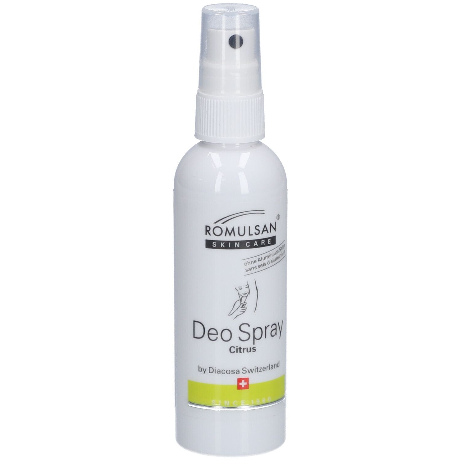 Spray déodorant avec tête de pulvérisation. Inscription: ROMULSAN SKIN CARE, Deo Spray Citrus, by Diacosa Switzerland. Croix suisse.