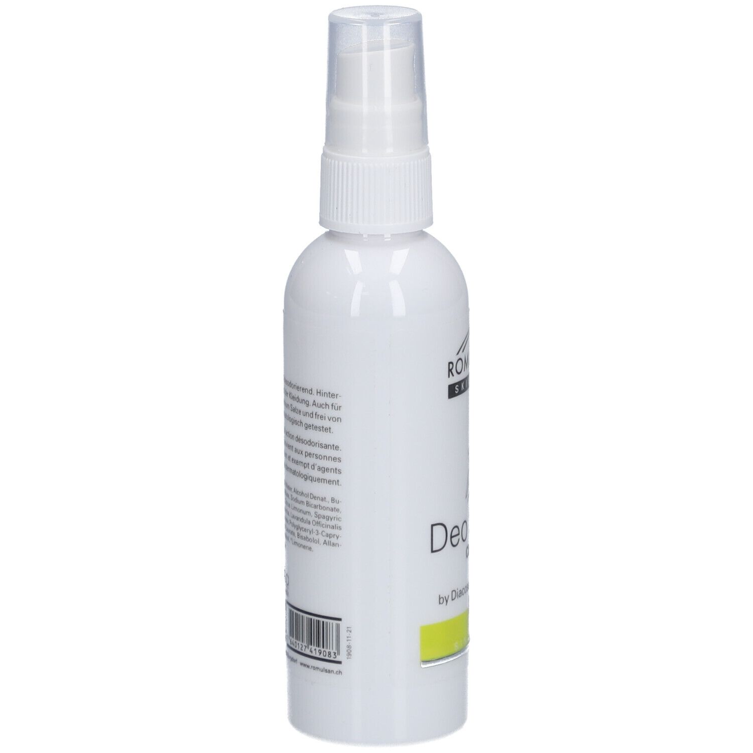 Spray déodorant, dos avec texte. Code-barres en bas. Inscription: ROMULSAN SKIN CARE, Deo Spray Citrus, by Diacosa Switzerland.