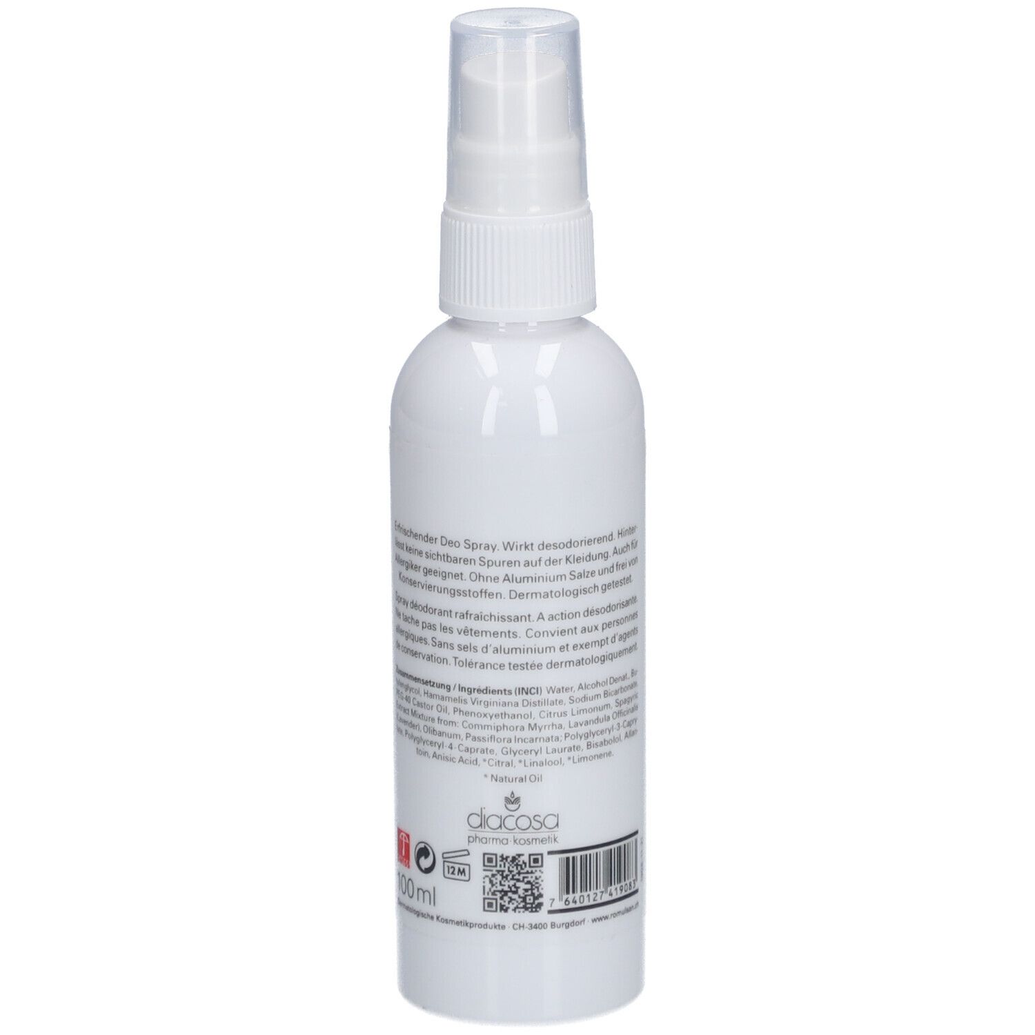 Spray déodorant, dos avec texte. Code-barres et QR code. Inscription: diacosa, 100ml.