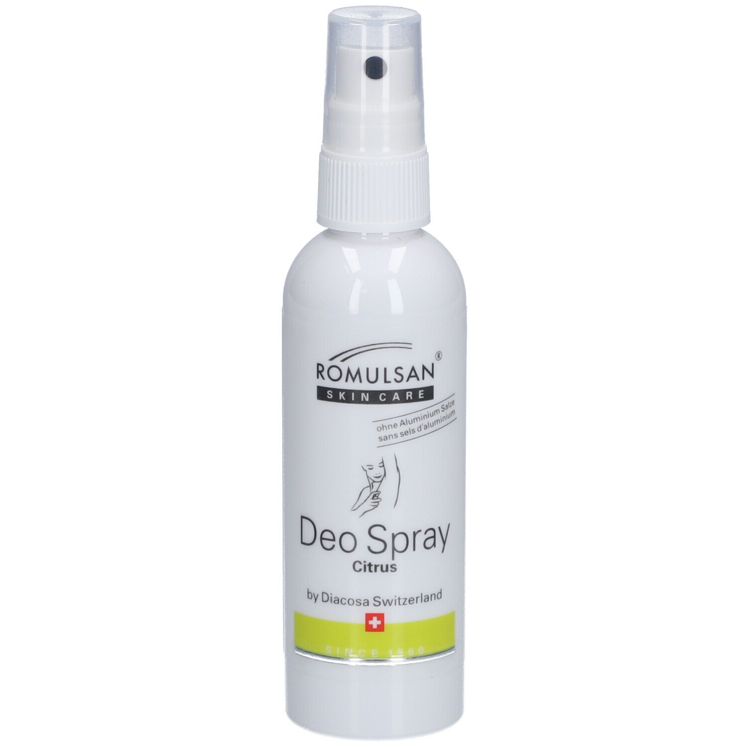 Spray déodorant avec tête de pulvérisation. Inscription: ROMULSAN SKIN CARE, Deo Spray Citrus, by Diacosa Switzerland. Croix suisse.