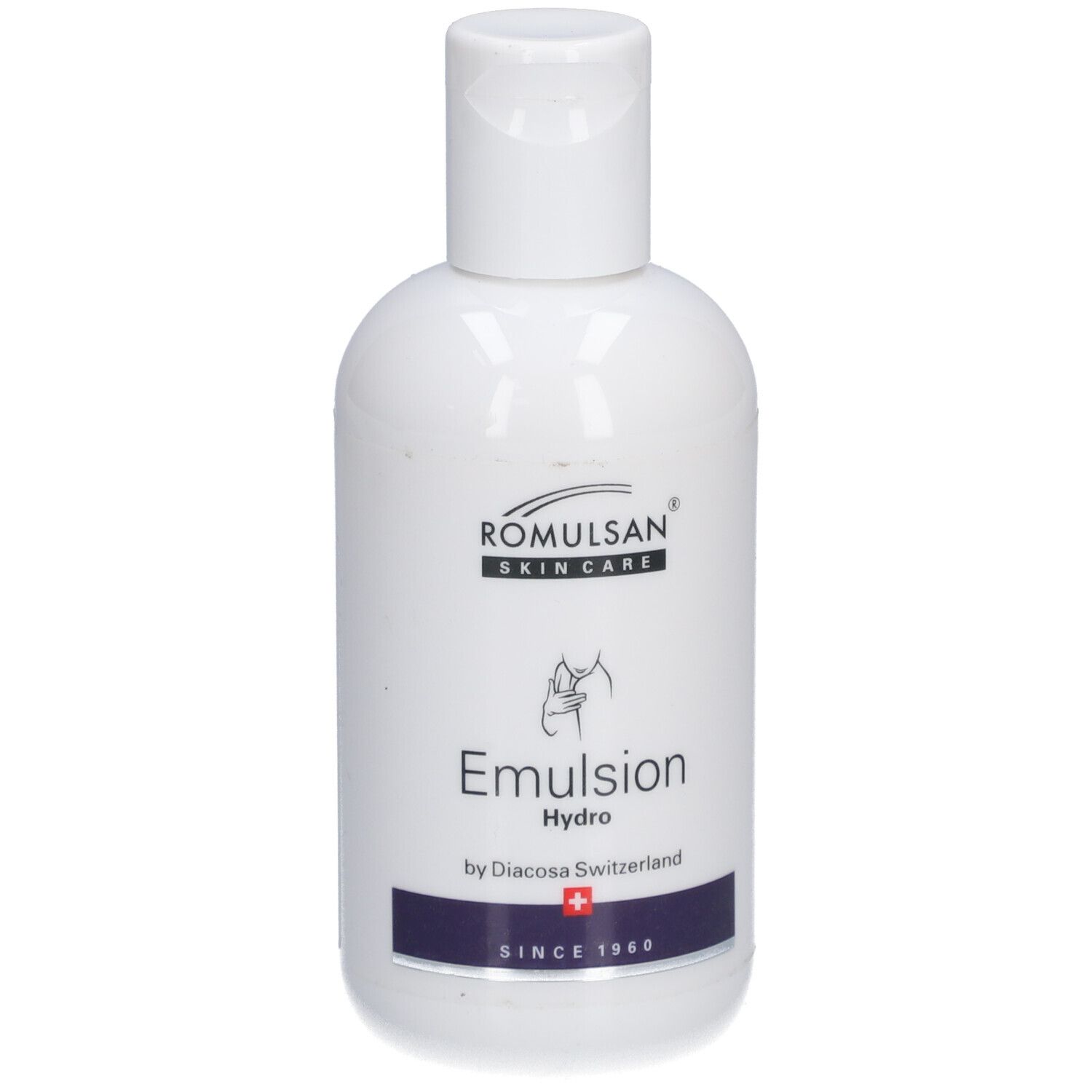 Flacon blanc avec bouchon rabattable blanc. Inscription : Romulsan Skin Care, Emulsion Hydro, Diacosa Switzerland, croix suisse.