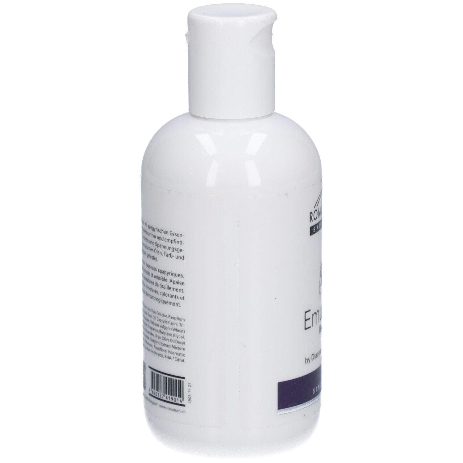 Flacon blanc avec bouchon rabattable blanc. Texte multilingue sur le côté. Code-barres et informations fabricant.