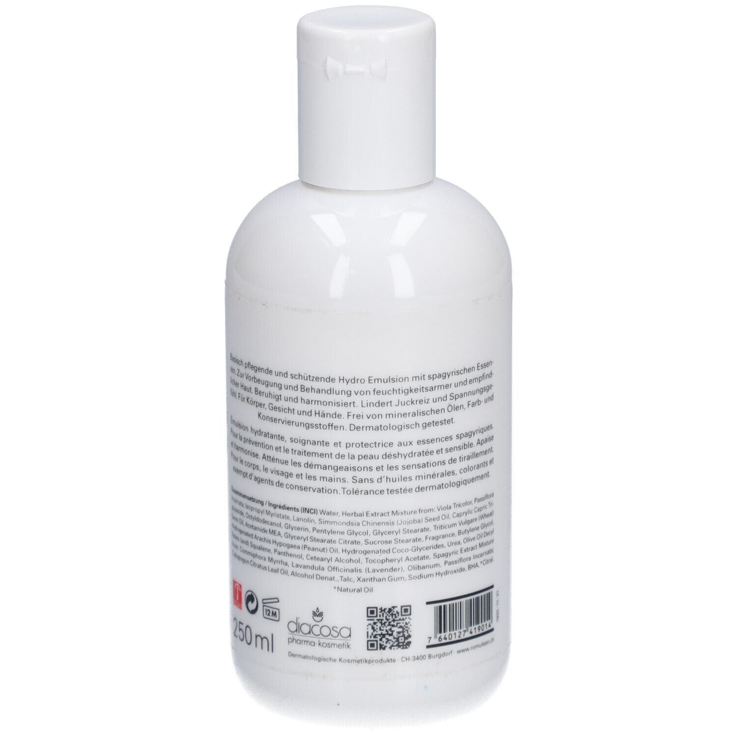 Flacon blanc avec bouchon rabattable blanc. Dos avec texte multilingue. Logo du fabricant et code QR.