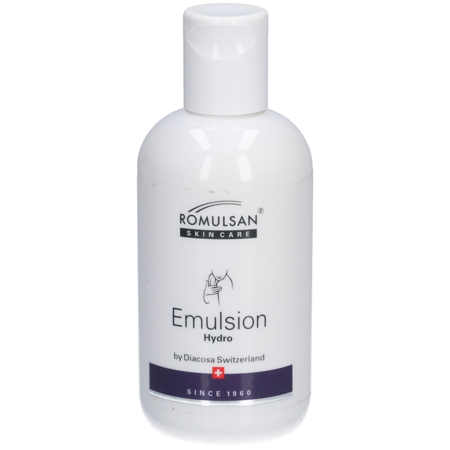 Flacon blanc avec bouchon rabattable blanc. Inscription : Romulsan Skin Care, Emulsion Hydro, Diacosa Switzerland, croix suisse.