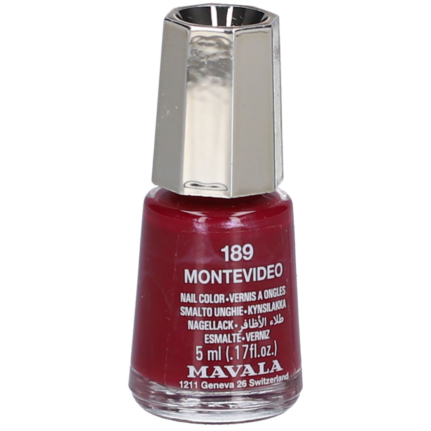 Flacon de vernis à ongles rouge, bouchon argenté. Inscription: 189 MONTEVIDEO, Nail Color, 5 ml. Marque: MAVALA.
